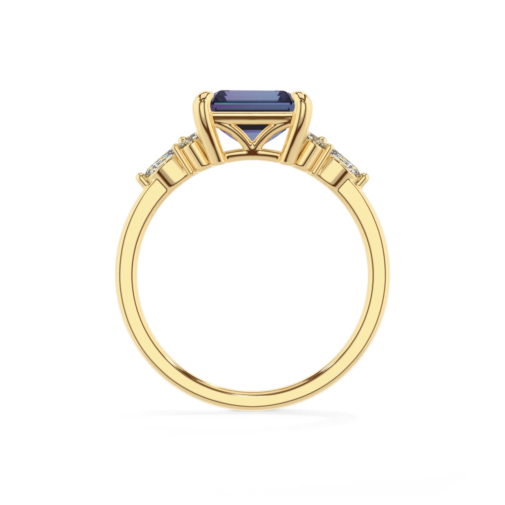 lab grown alexandrite emerald cut solitaire rings in yellow gold