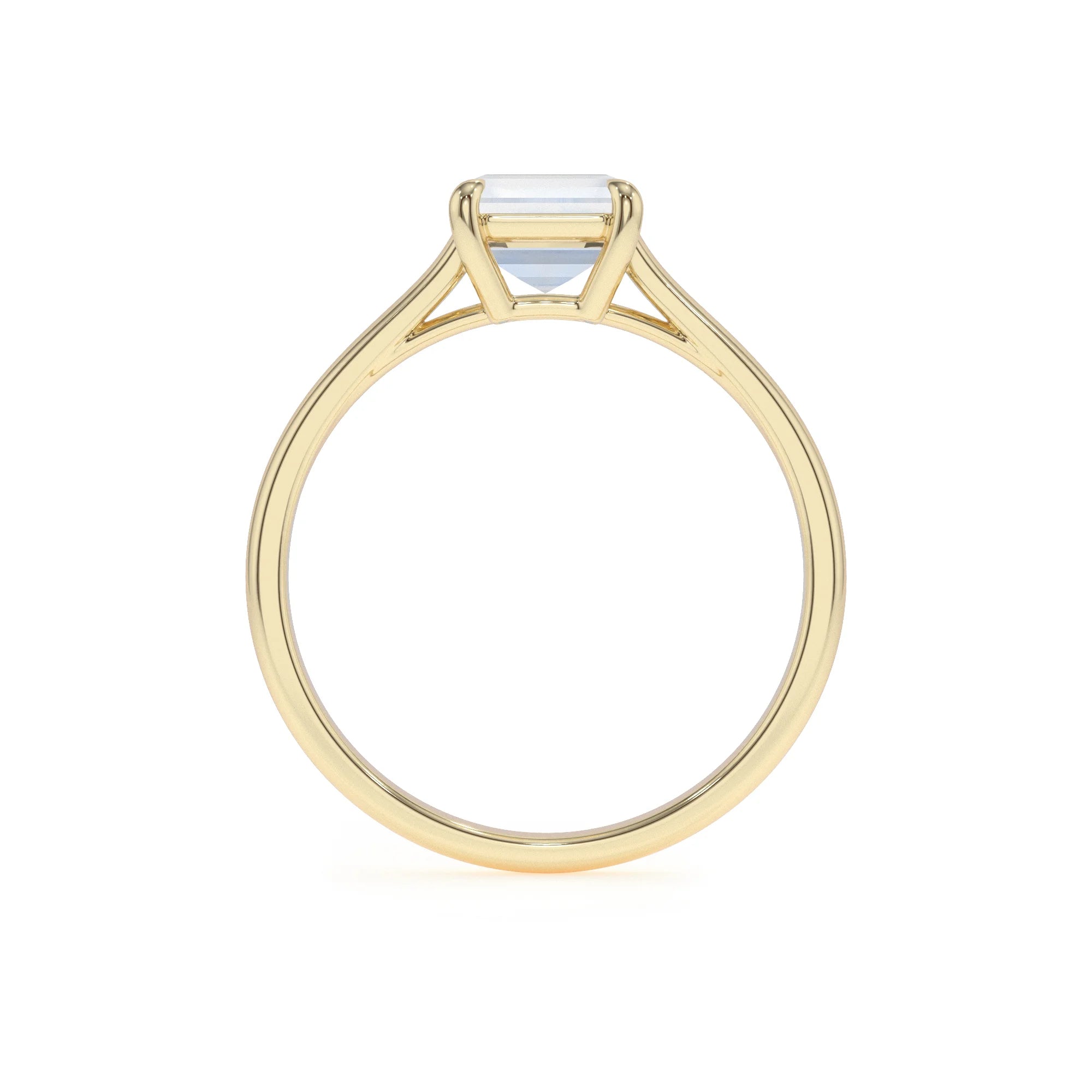 natural rainbow-moonstone emerald cut solitaire rings in yellow gold