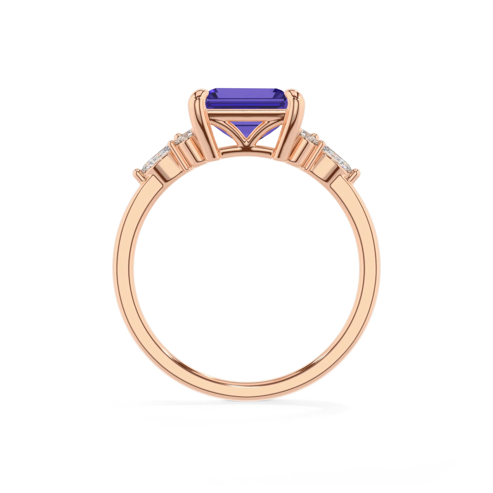 lab grown tanzanite emerald cut solitaire rings in rose gold
