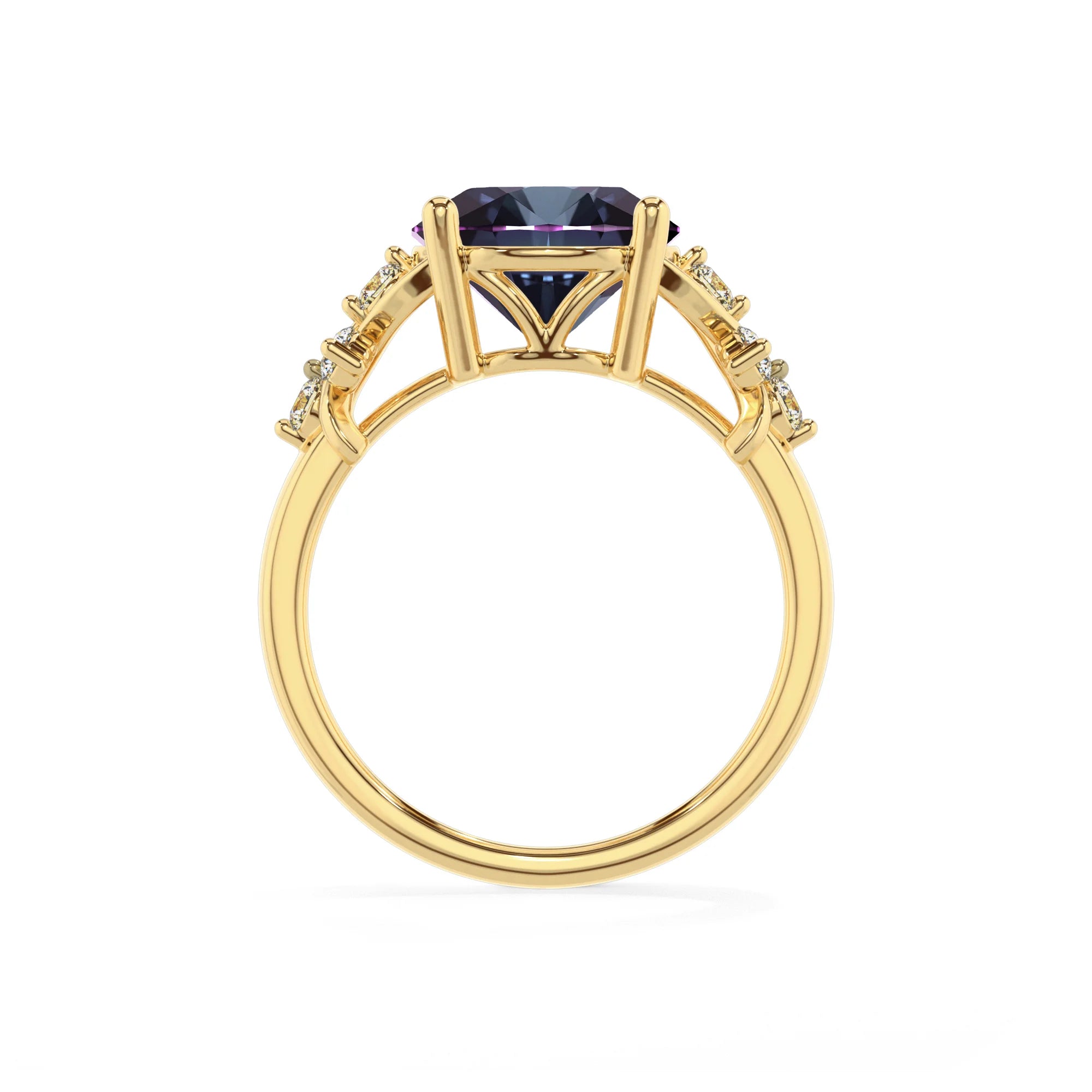 lab grown alexandrite round solitaire rings in yellow gold