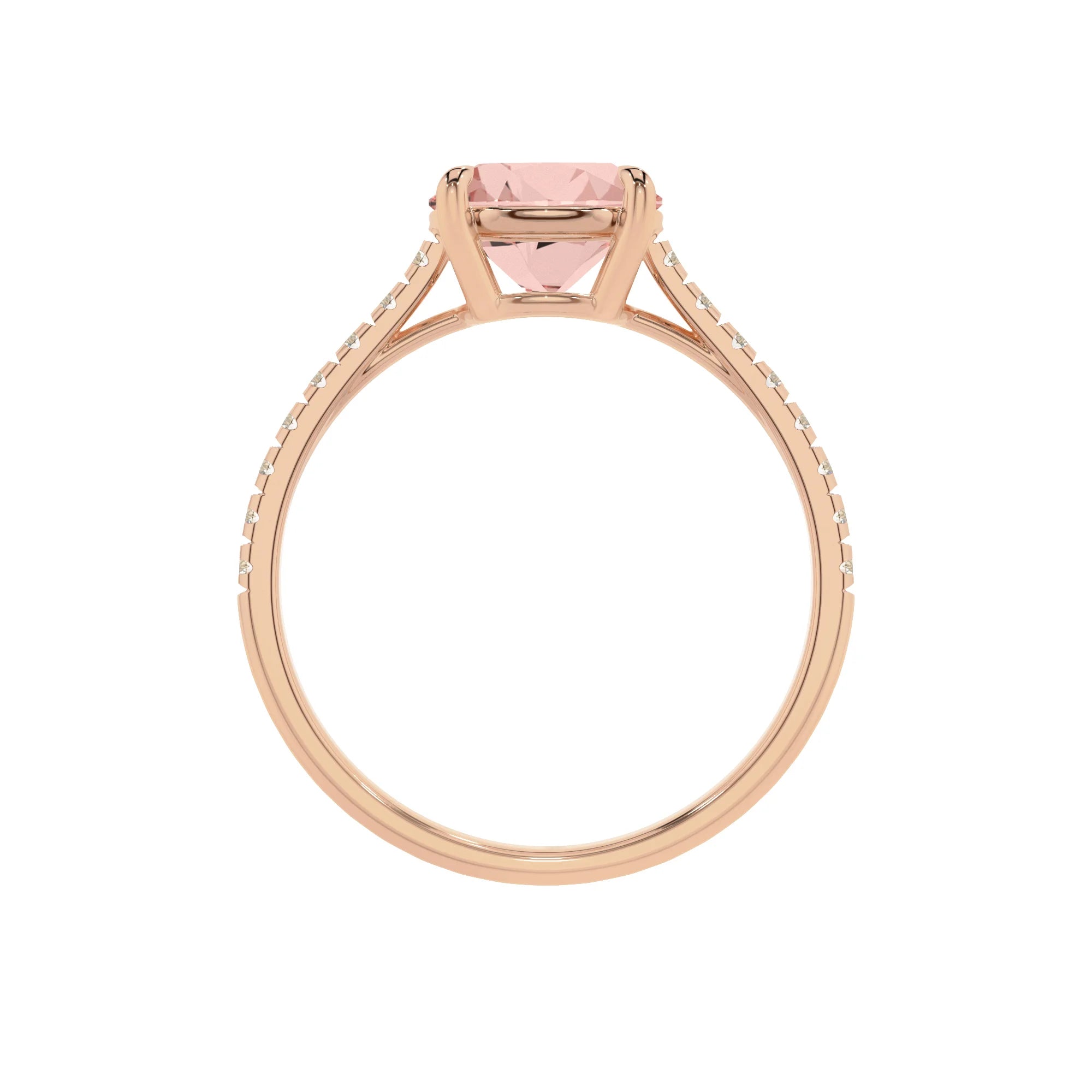 lab grown morganite round half eternity solitaire engagement rings in rose gold