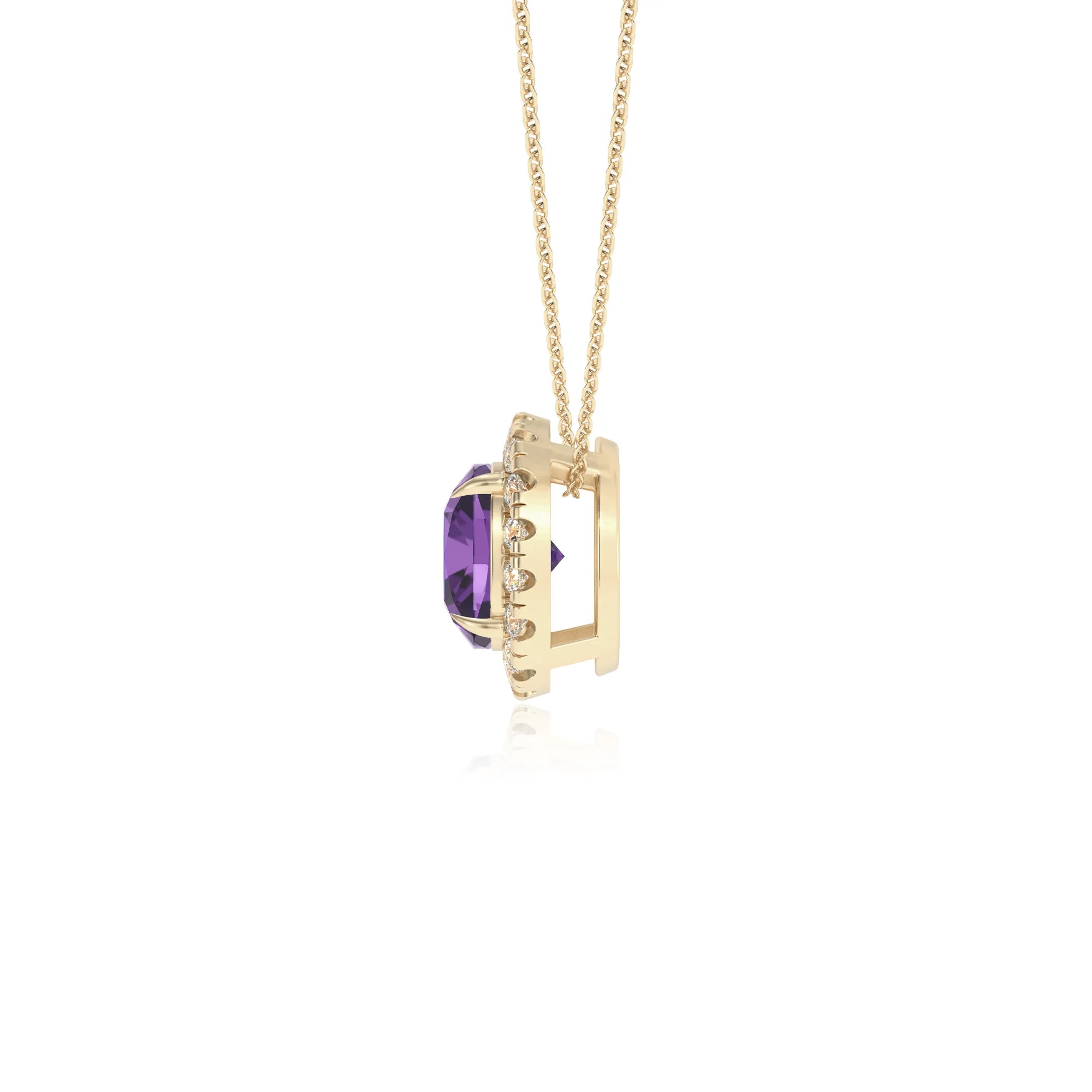 lab grown amethyst cushion solitaire necklaces in yellow gold