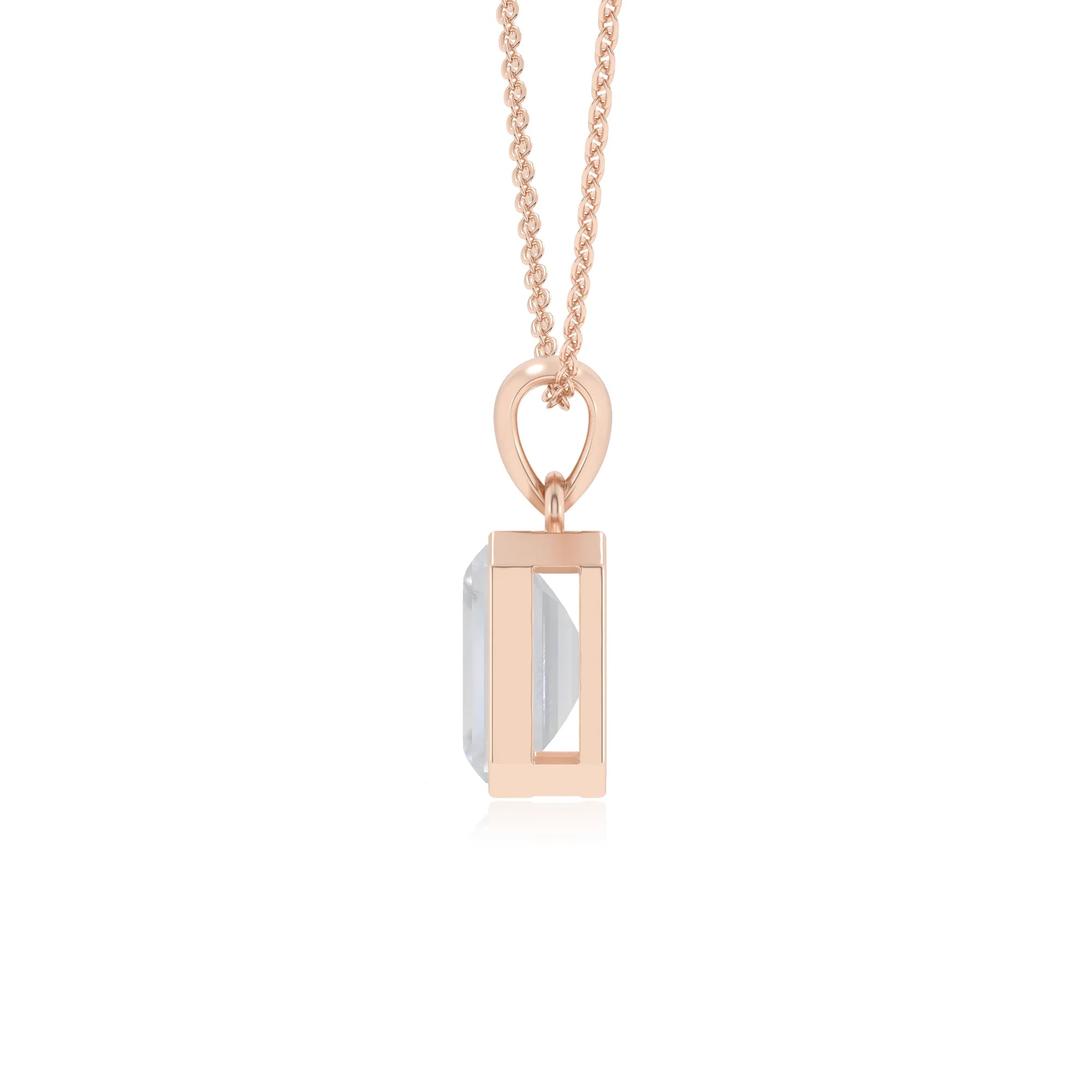 natural rainbow-moonstone emerald cut solitaire necklaces in rose gold