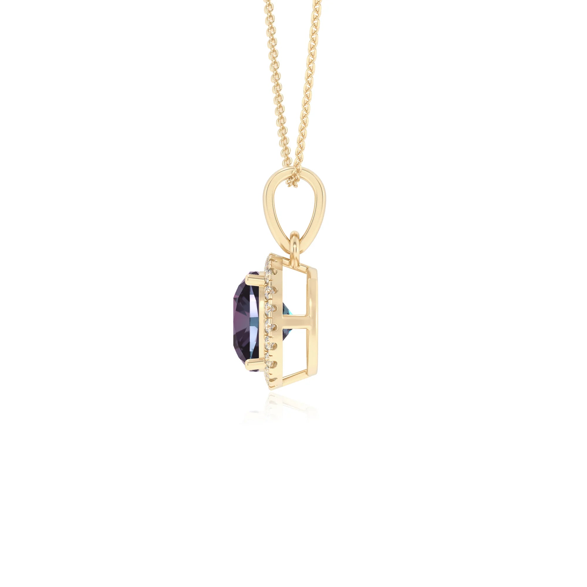 lab grown alexandrite cushion solitaire necklaces in yellow gold