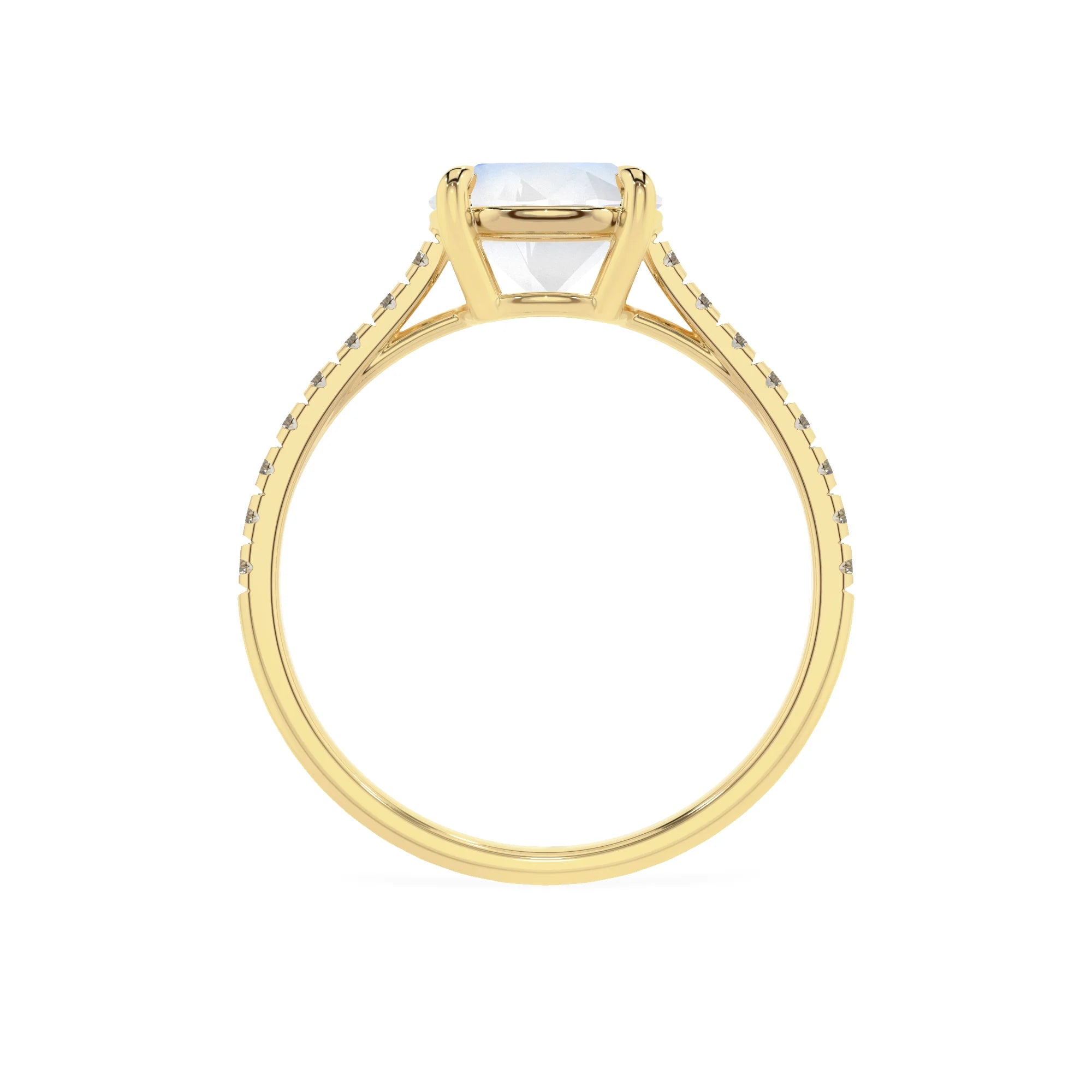 natural rainbow-moonstone round half eternity solitaire engagement rings in yellow gold