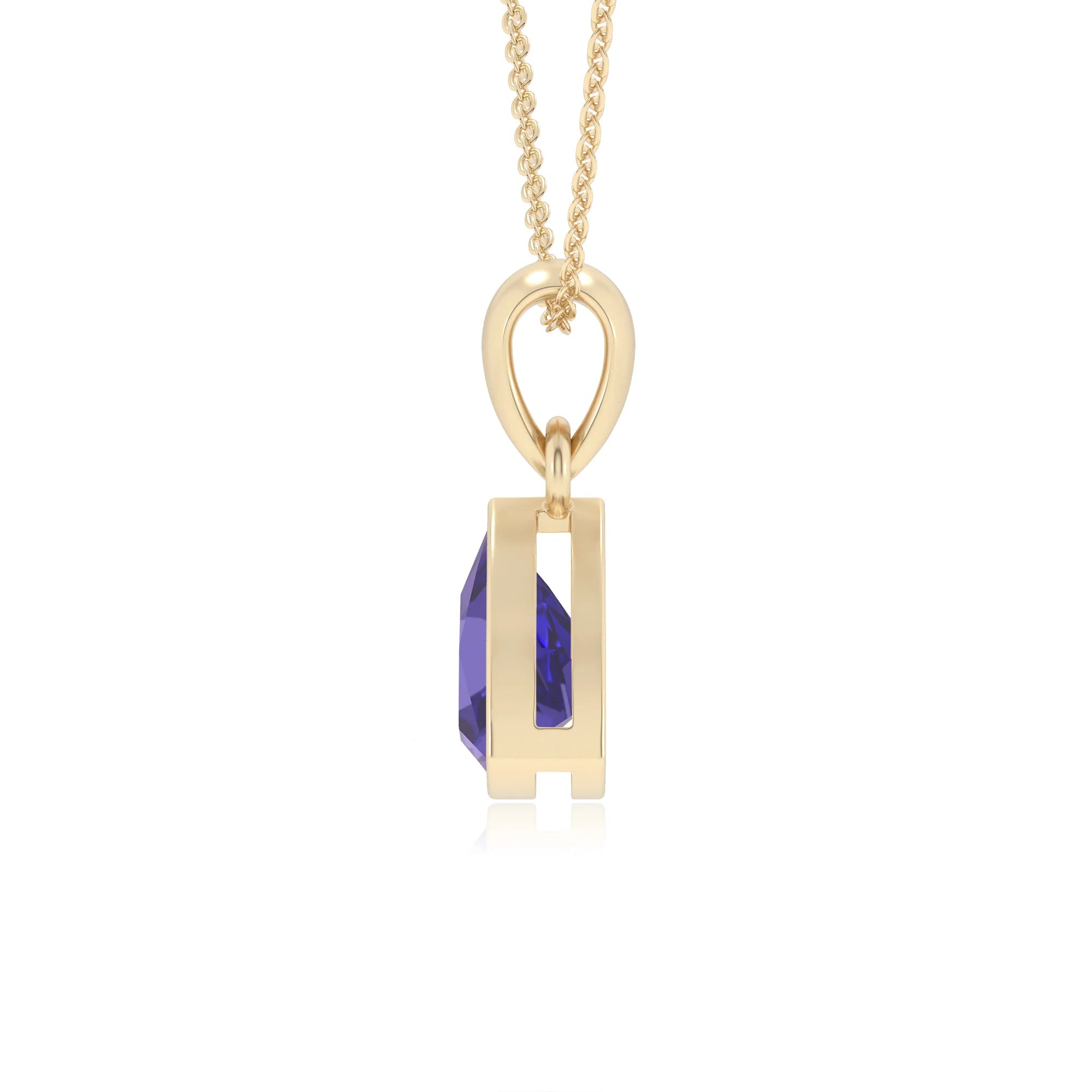lab grown tanzanite trillion solitaire necklaces in yellow gold