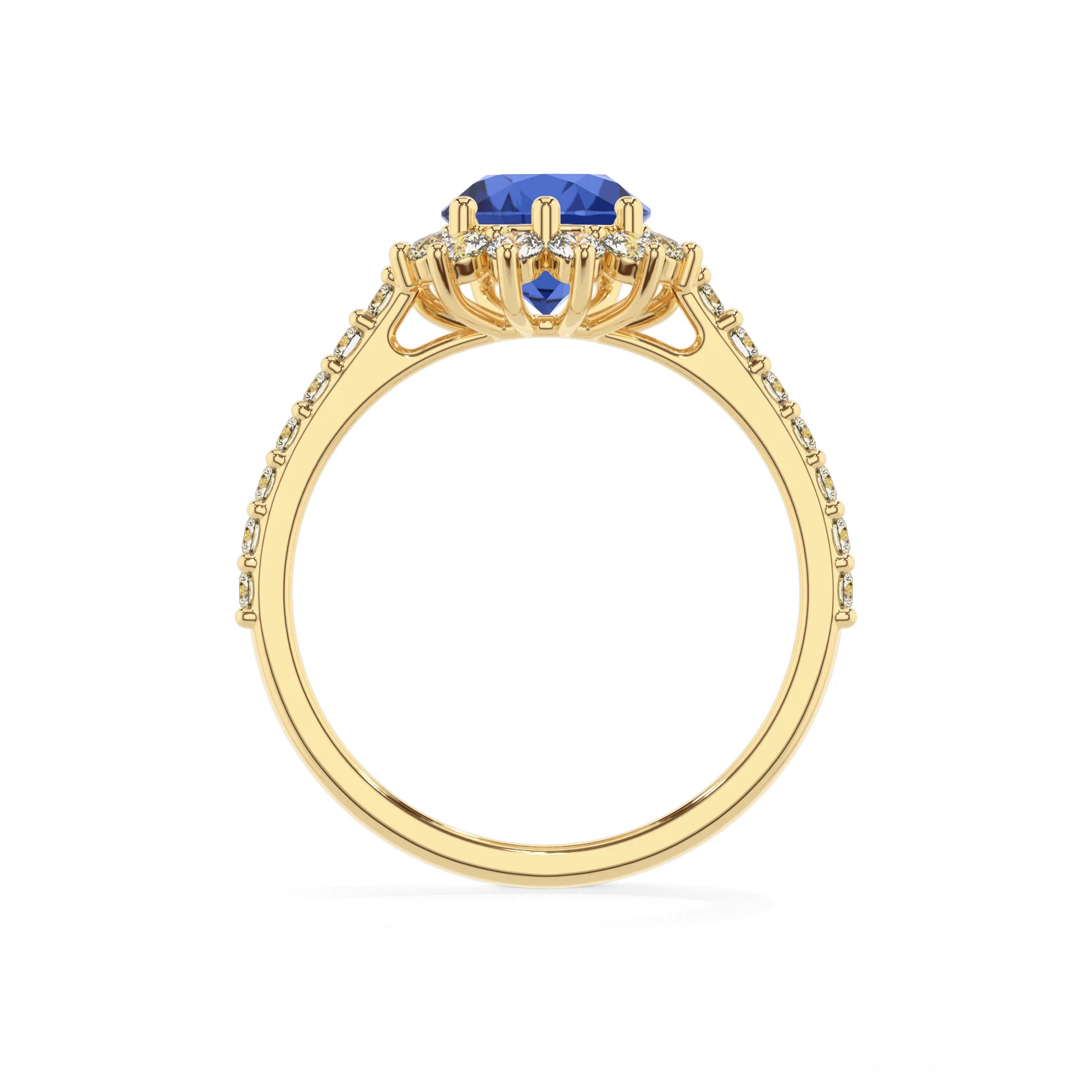 lab grown blue-sapphire pear solitaire rings in yellow gold