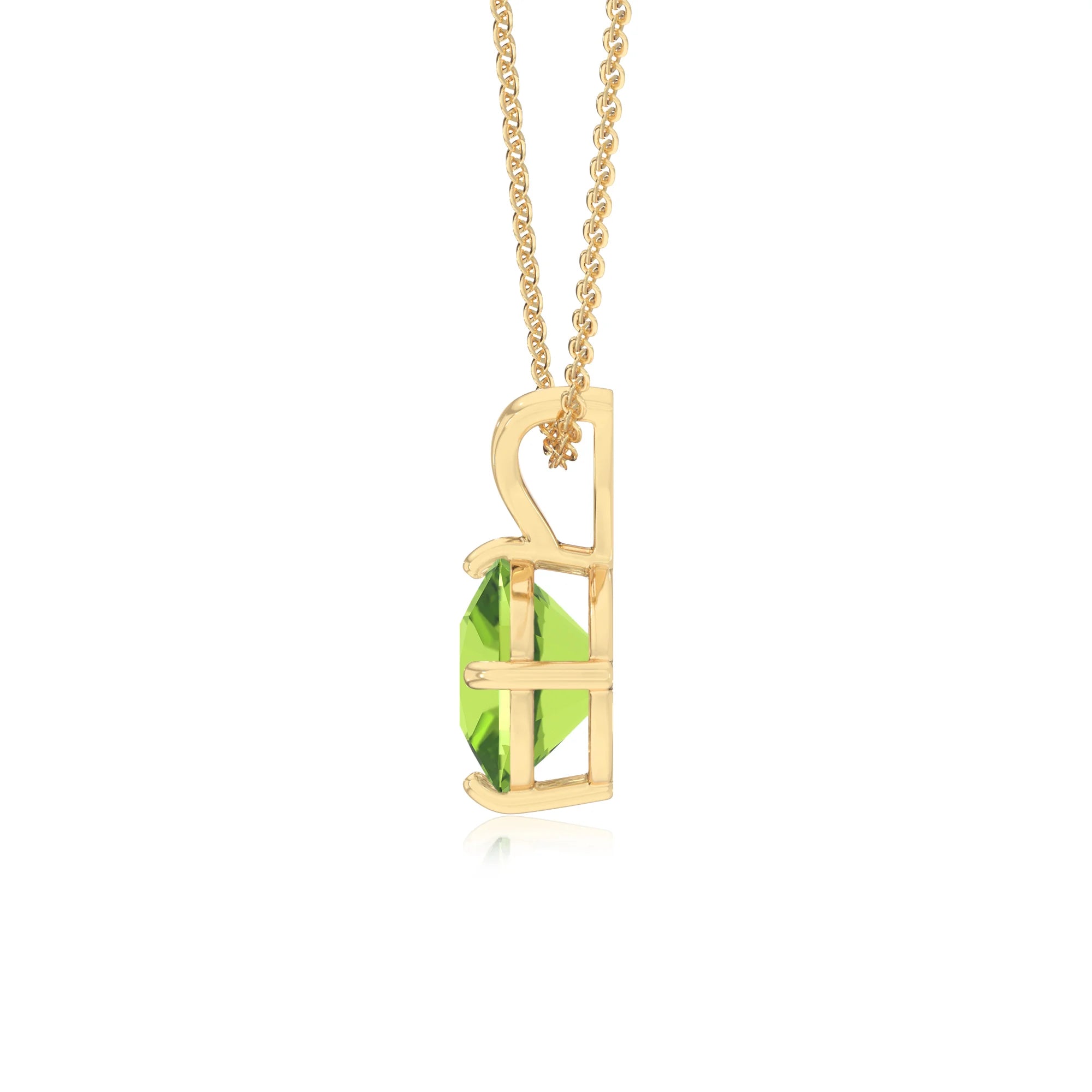 natural peridot cushion solitaire v-bale necklaces in yellow gold
