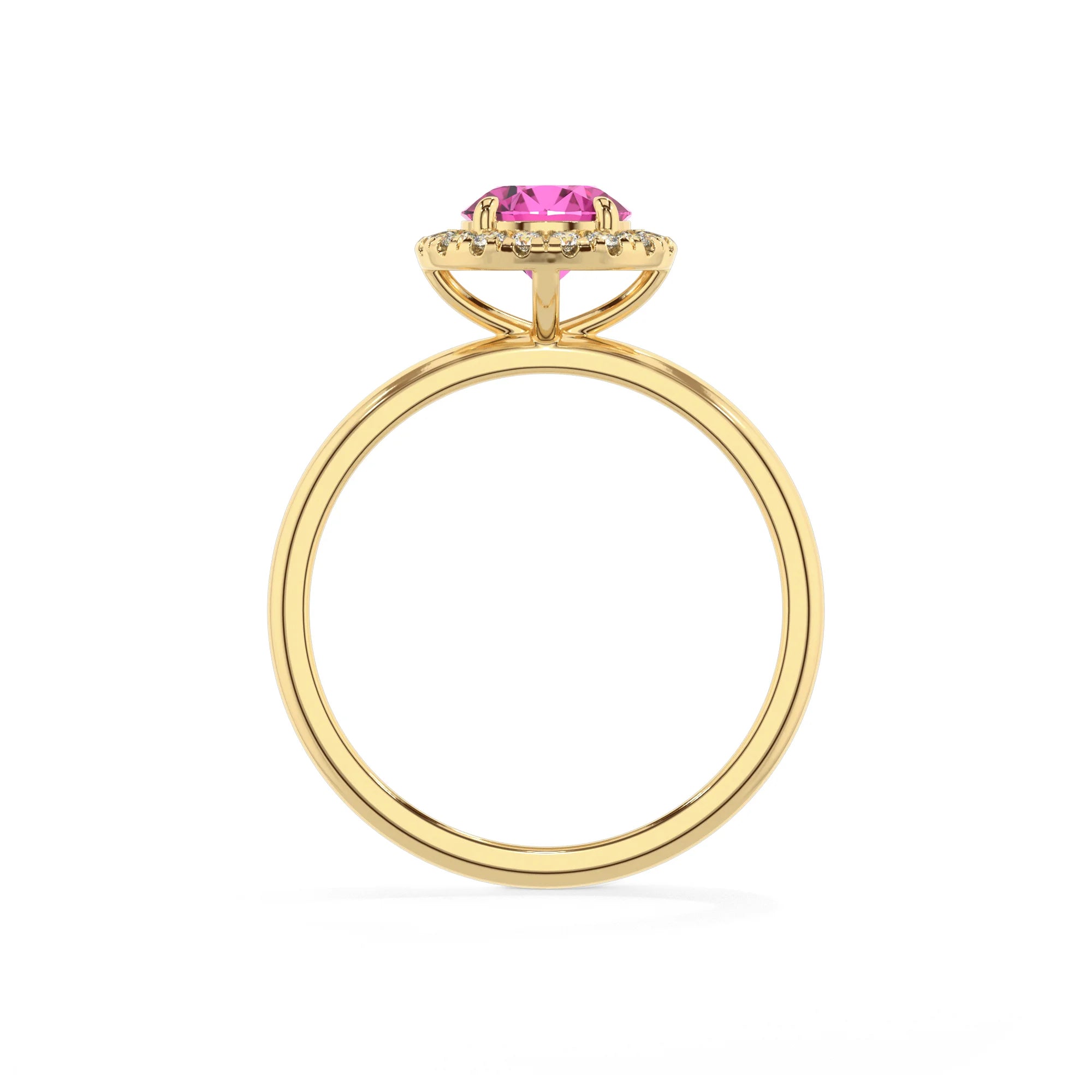 lab grown pink-sapphire round solitaire rings in yellow gold
