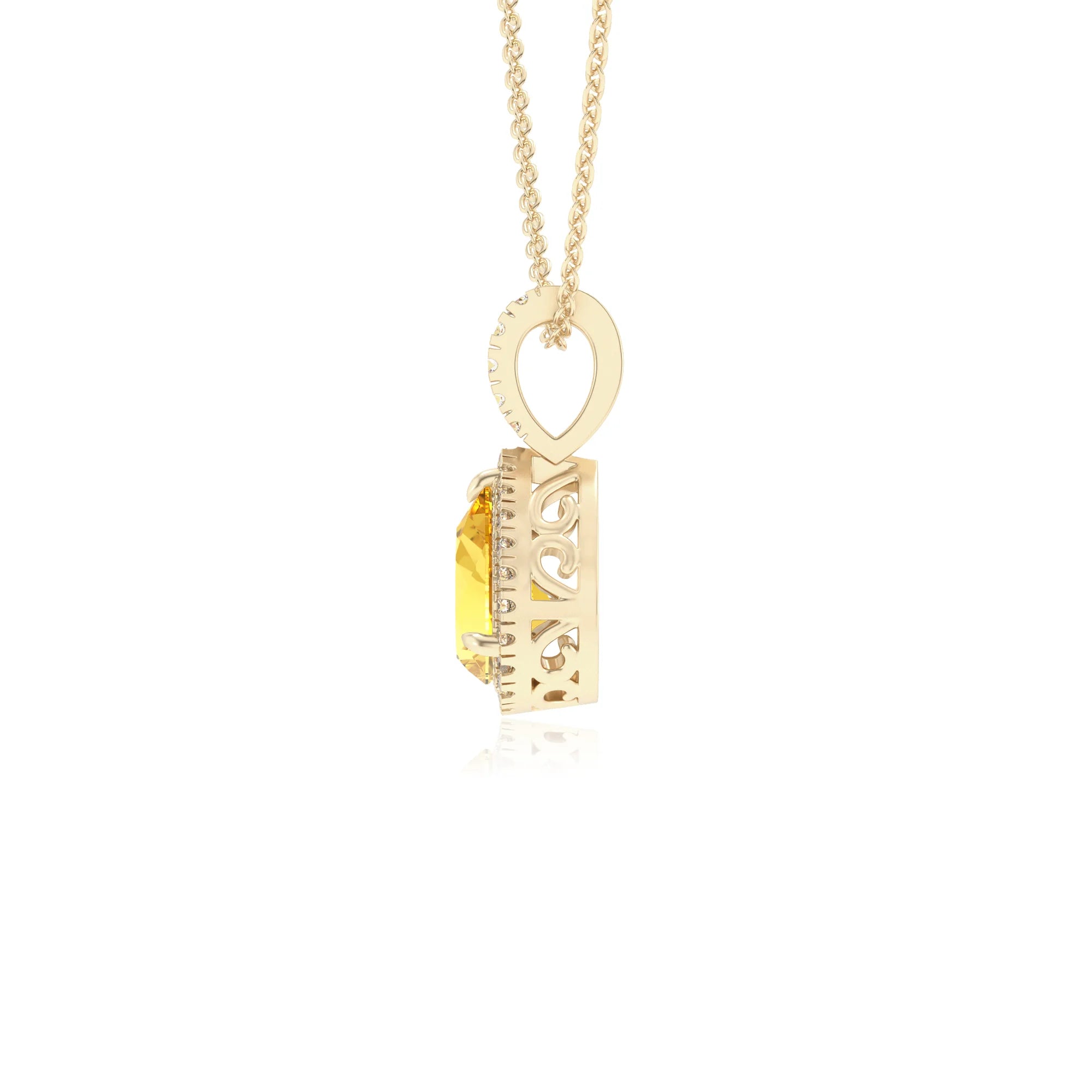 lab grown yellow-sapphire pear solitaire necklaces in yellow gold