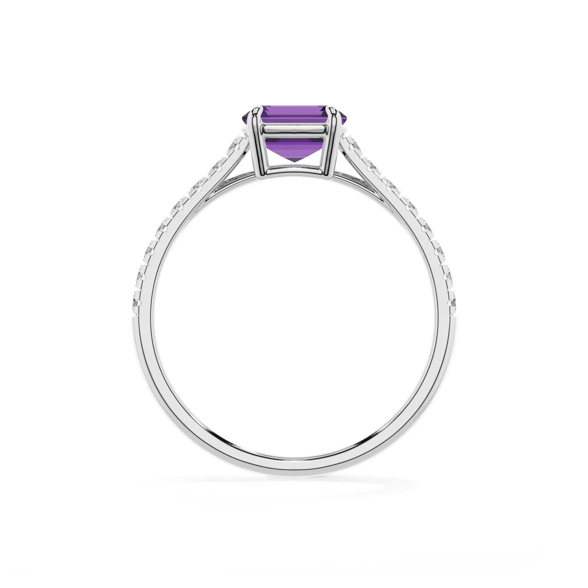 lab grown amethyst emerald cut half eternity solitaire engagement rings in platinum