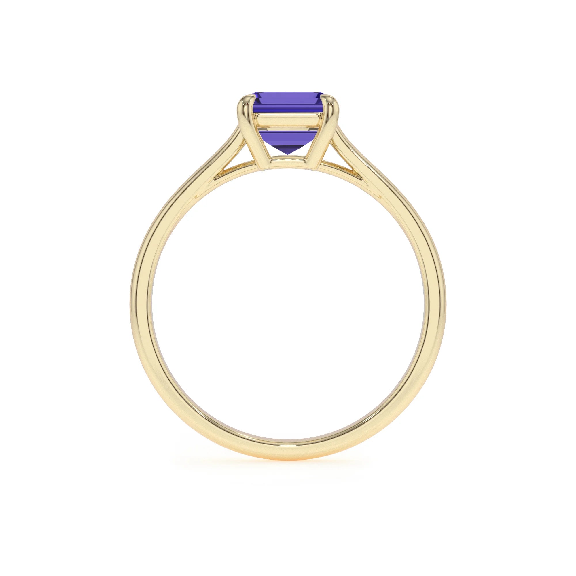 lab grown tanzanite emerald cut solitaire rings in yellow gold