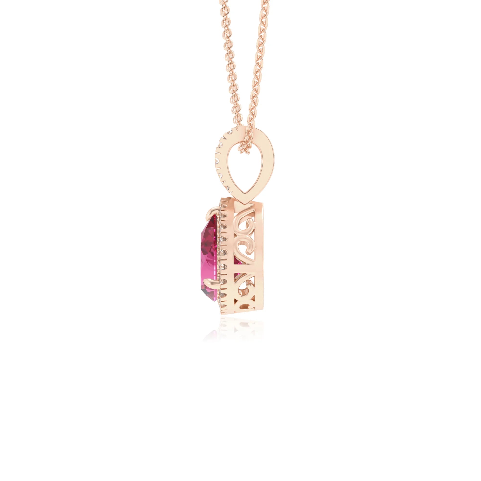 lab grown pink-sapphire pear solitaire necklaces in rose gold