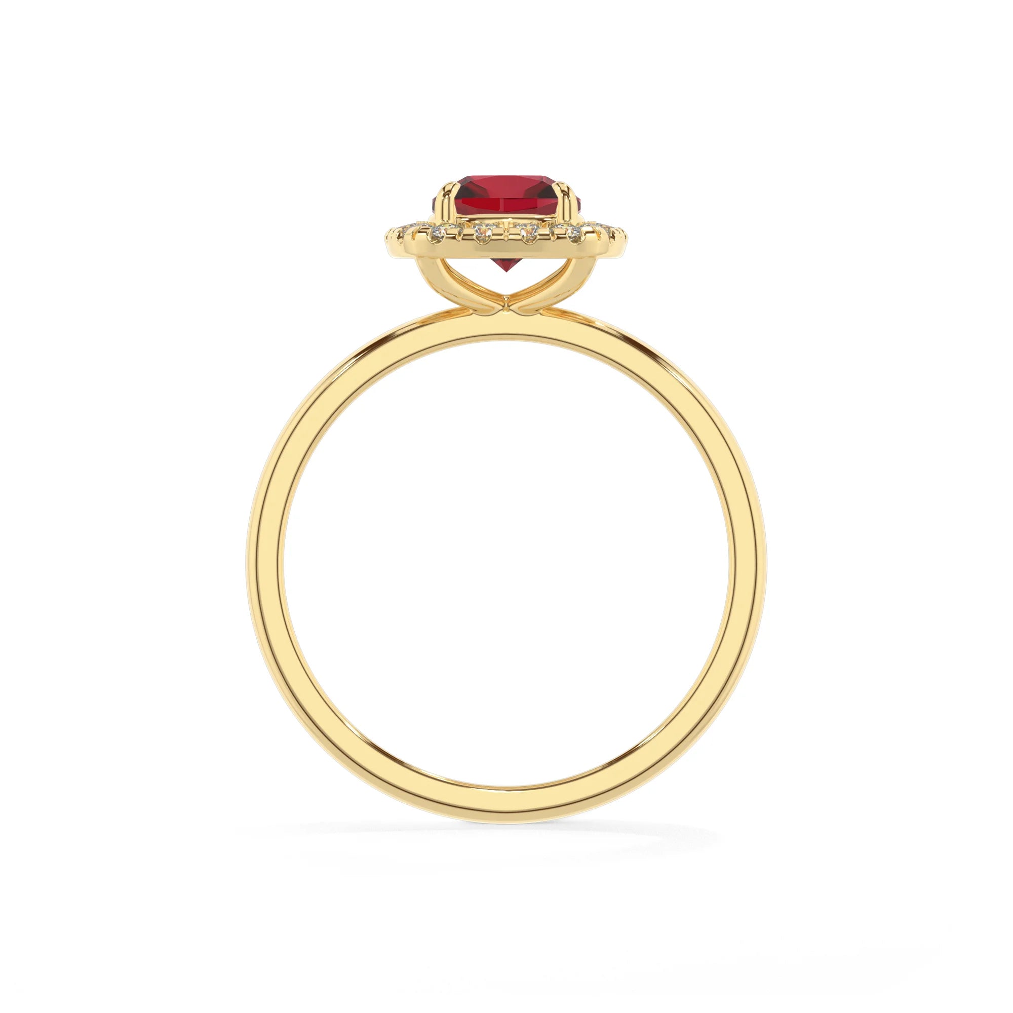 lab grown ruby cushion solitaire rings in yellow gold