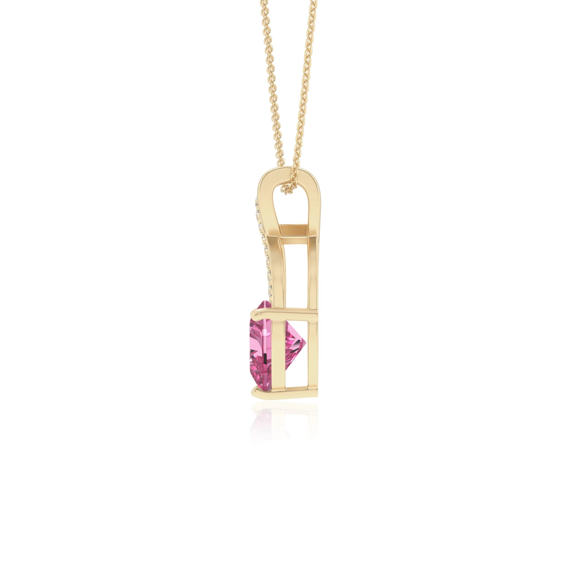lab grown pink-sapphire heart solitaire necklaces in yellow gold