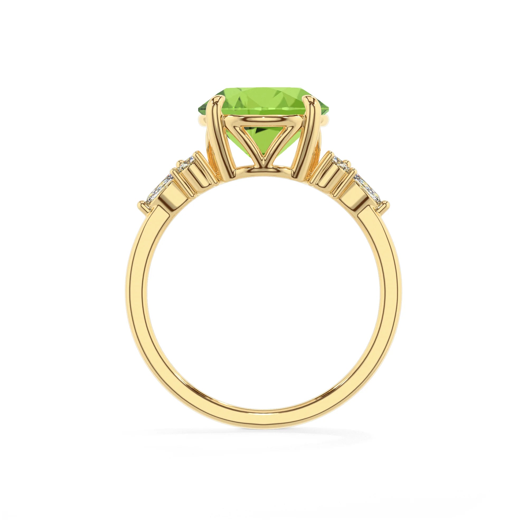 natural peridot round solitaire rings in yellow gold