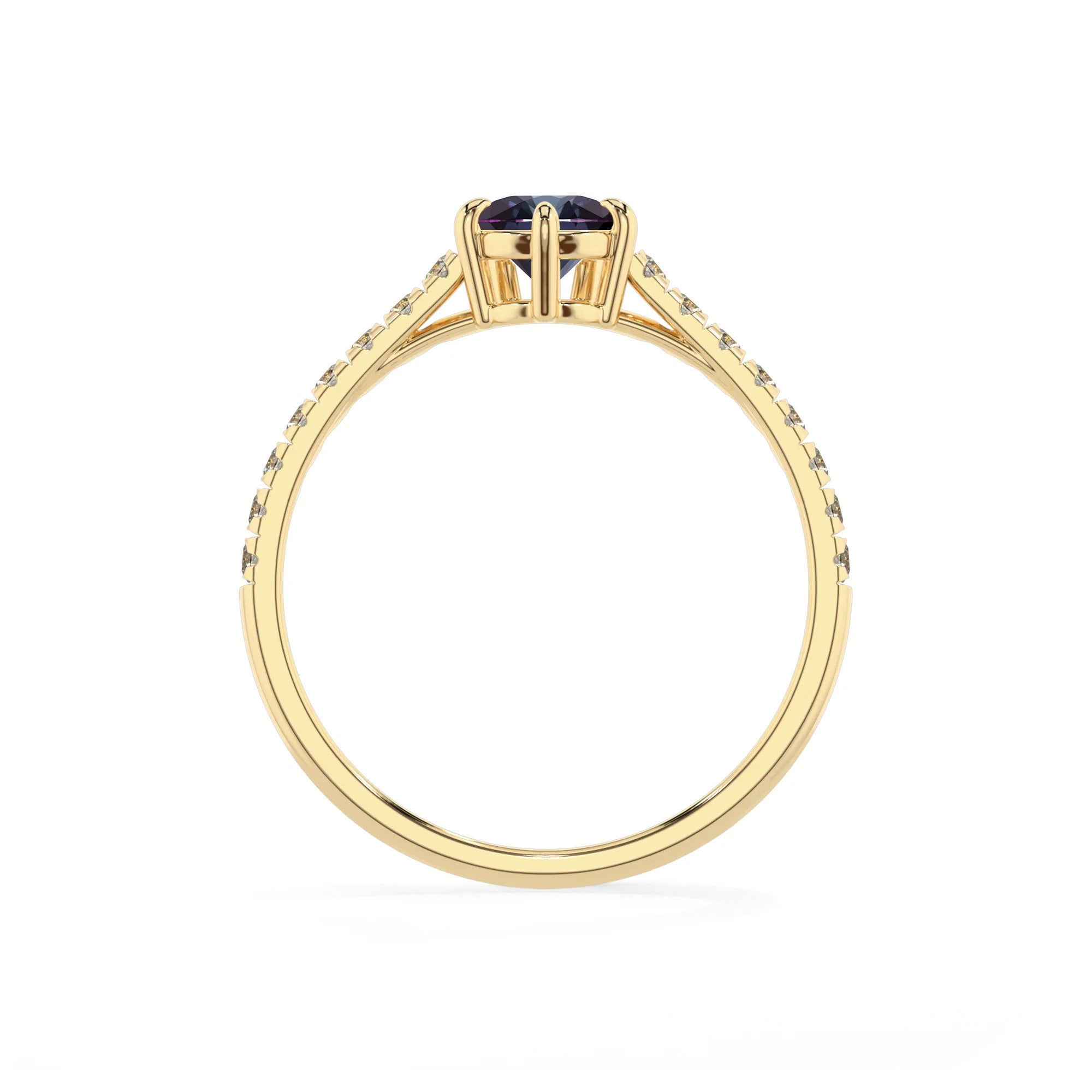 lab grown alexandrite pear half eternity solitaire engagement rings in yellow gold