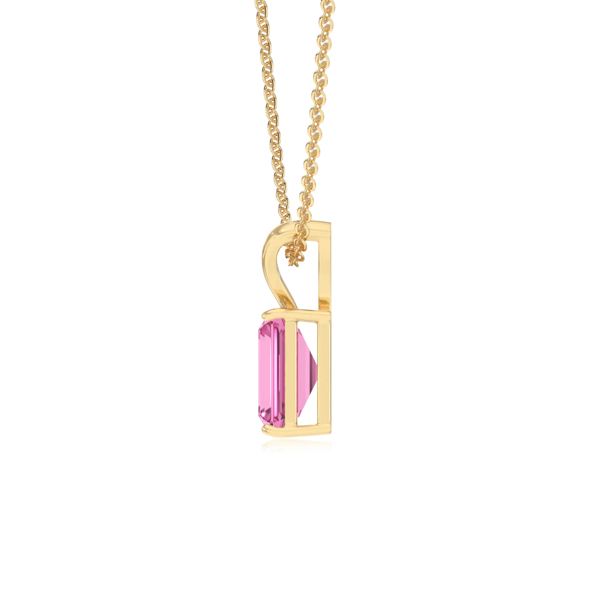 lab grown pink-sapphire emerald cut solitaire v-bale necklaces in yellow gold