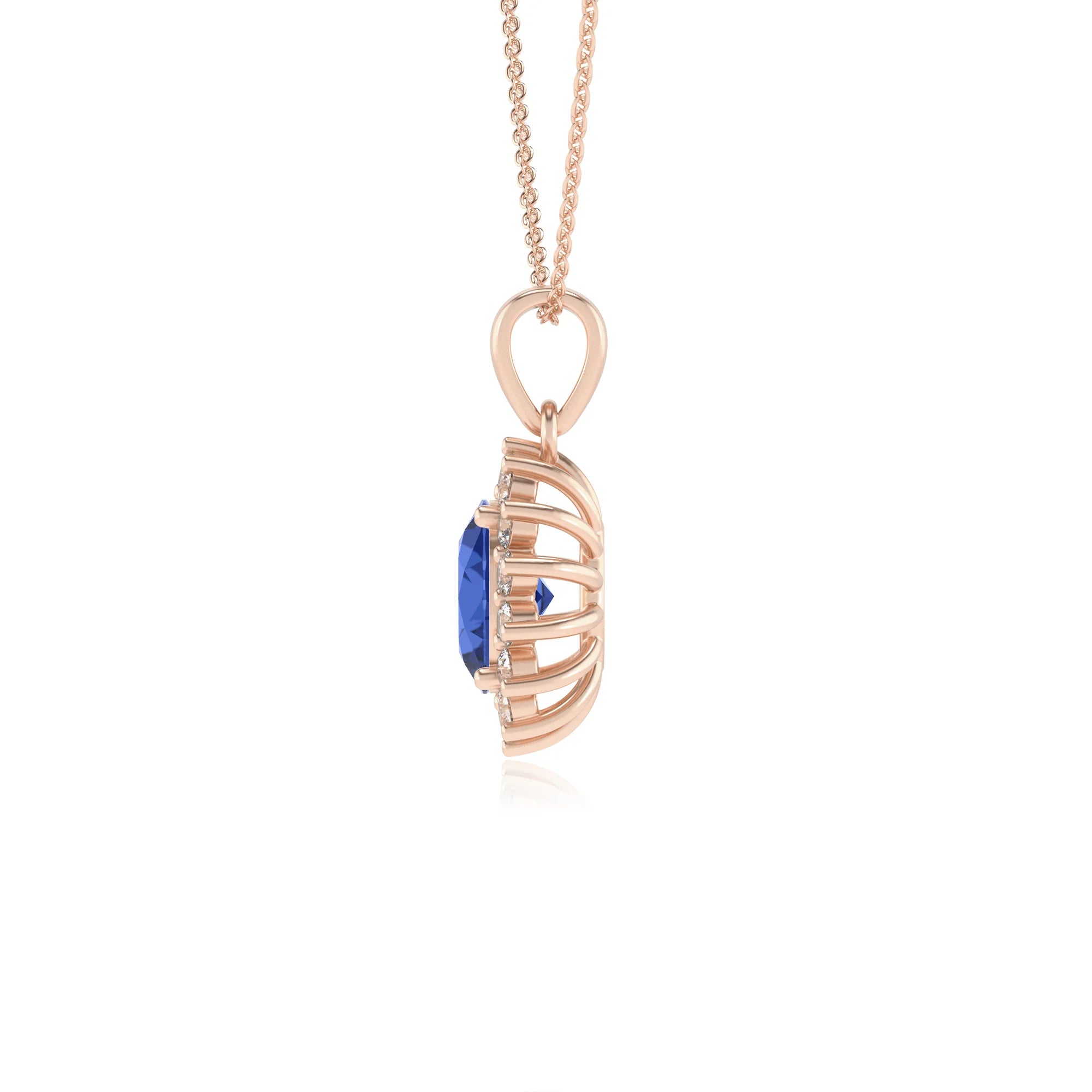 lab grown blue-sapphire oval halo necklaces in rose gold