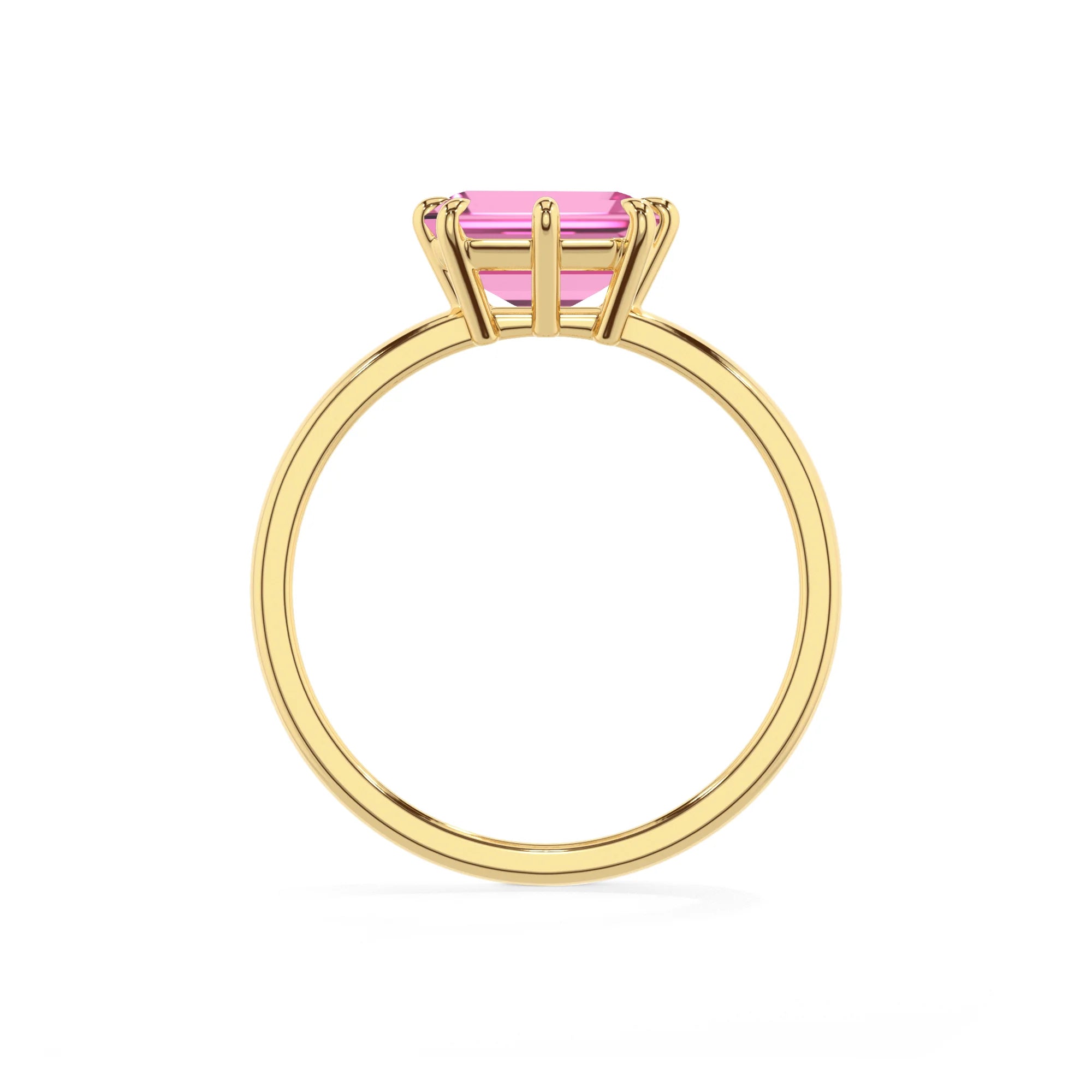 lab grown pink-sapphire emerald cut solitaire rings in yellow gold