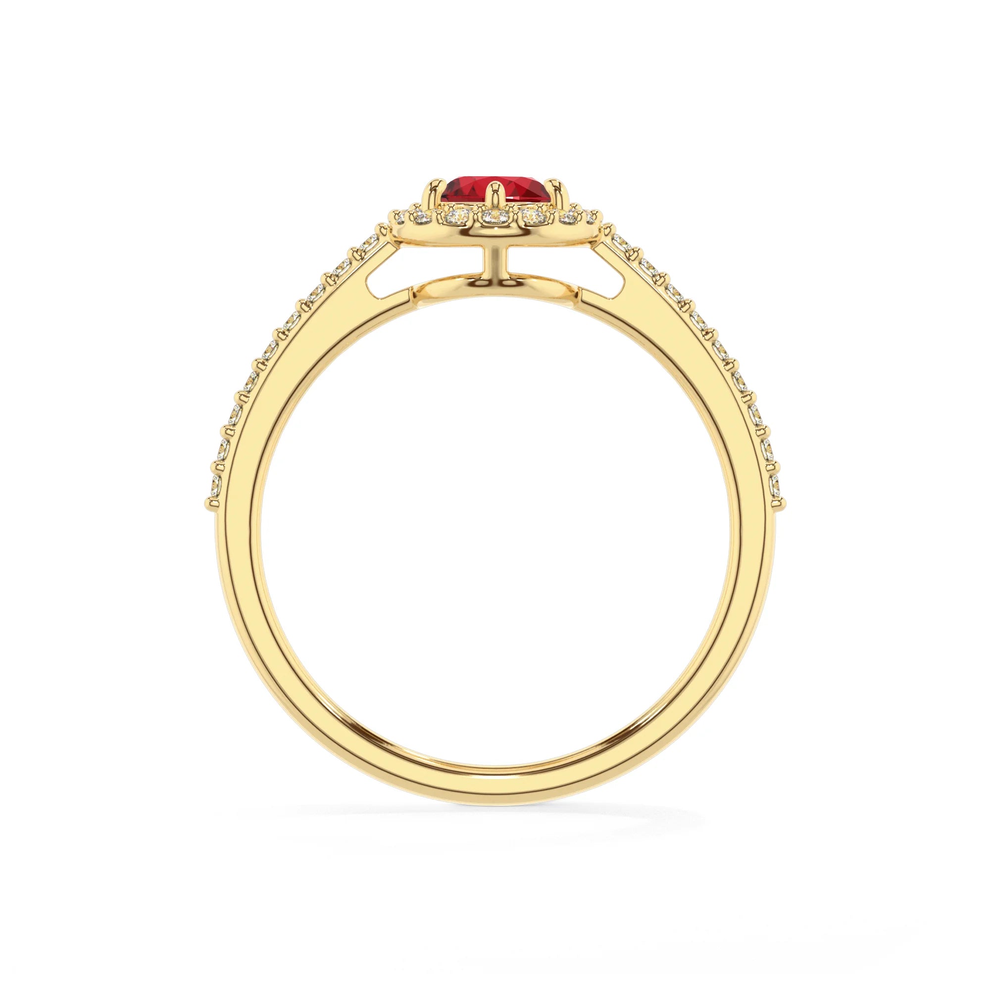 lab grown ruby pear solitaire rings in yellow gold