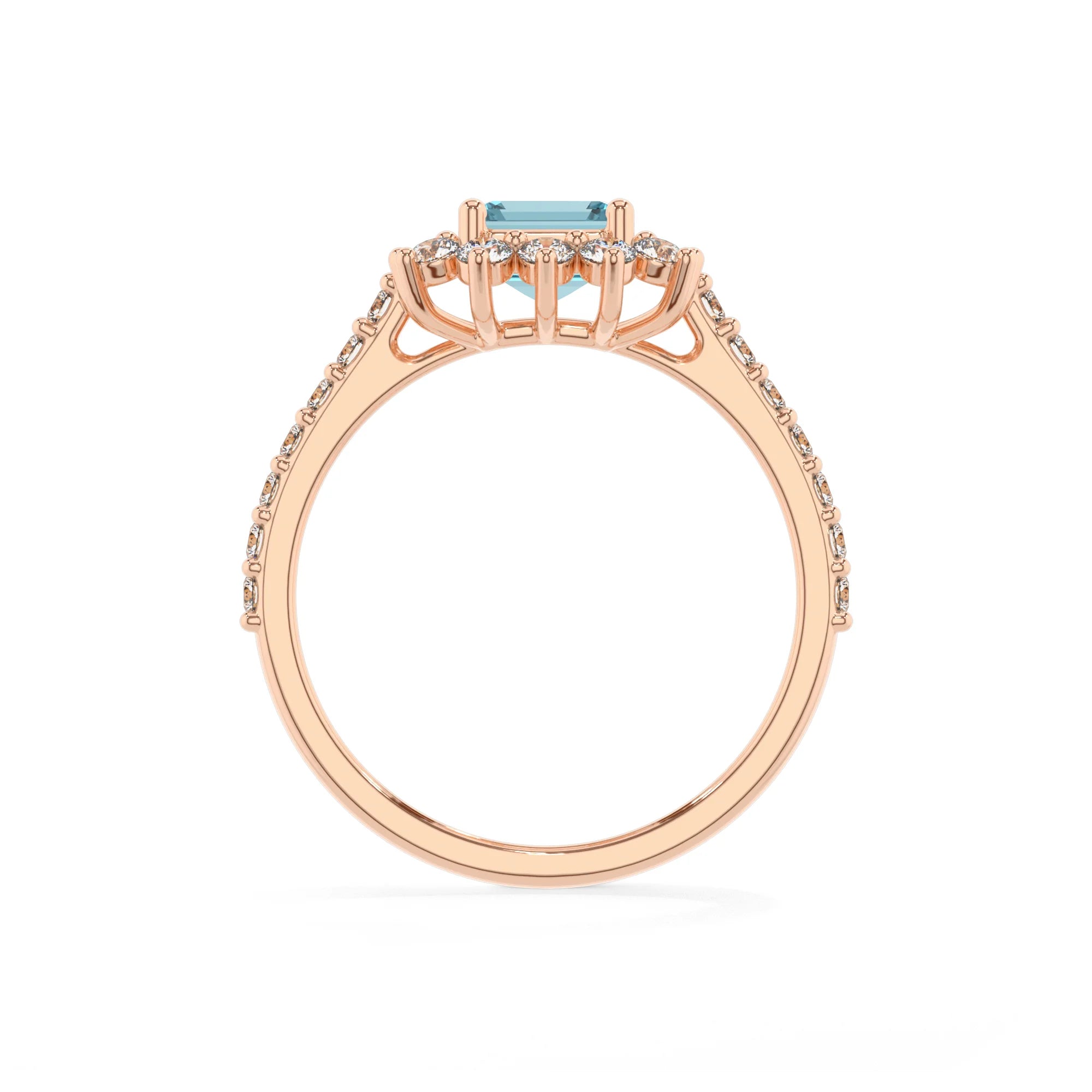 lab grown aquamarine emerald cut solitaire rings in rose gold