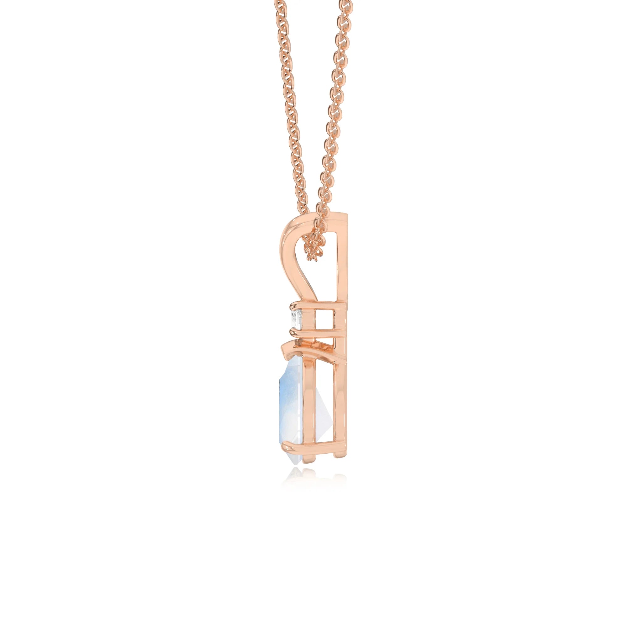 natural rainbow-moonstone pear solitaire v-bale necklaces in rose gold