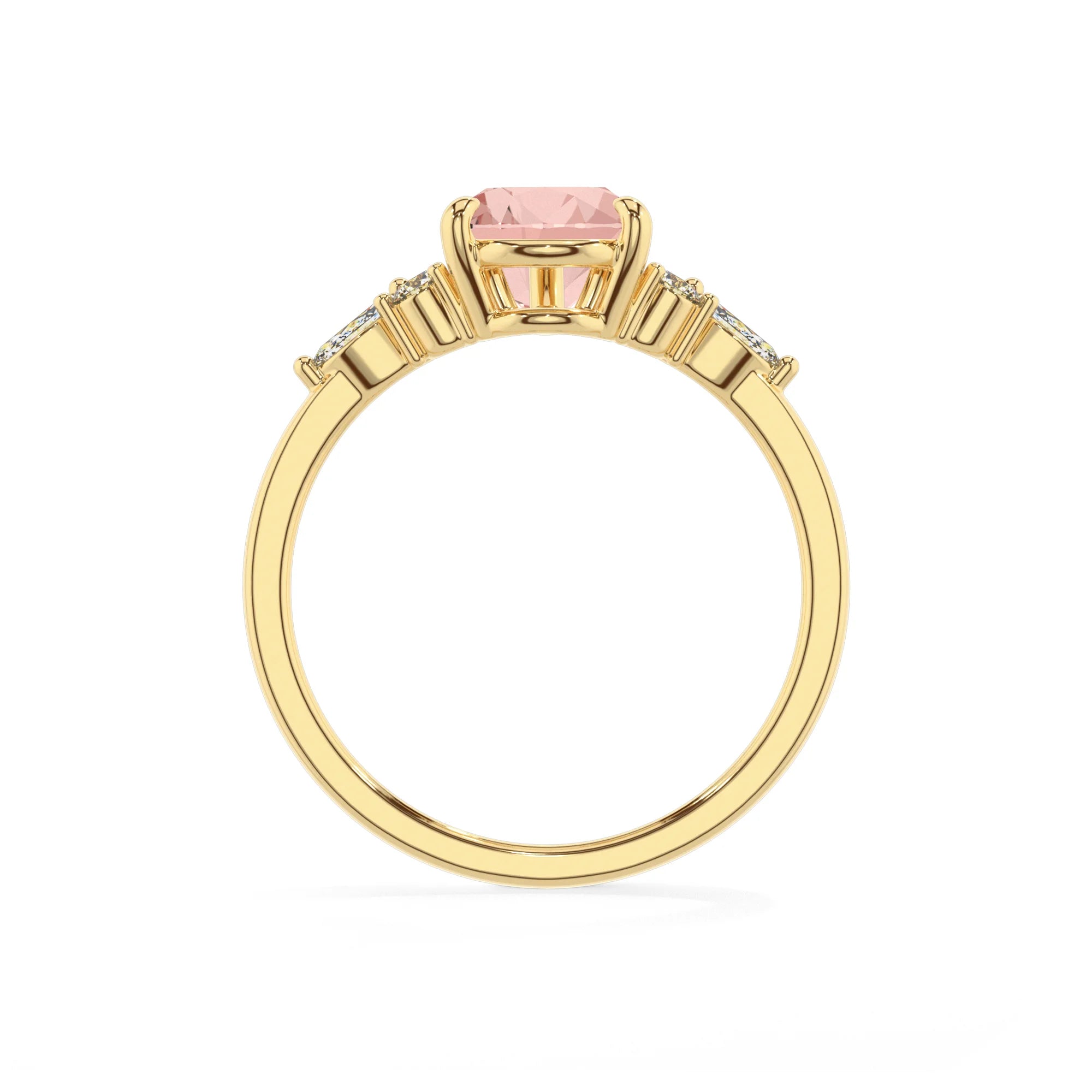 lab grown morganite pear solitaire rings in yellow gold