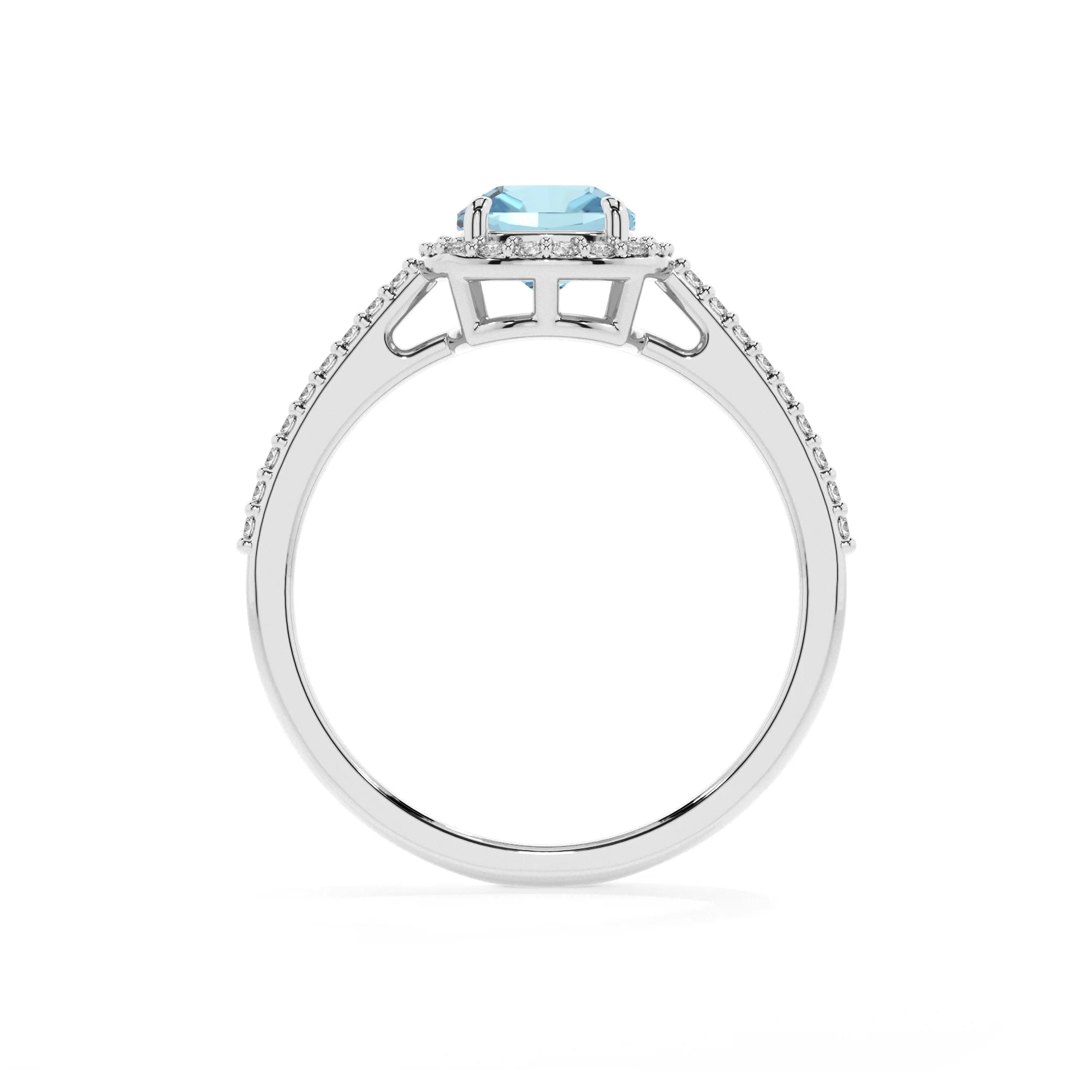 lab grown aquamarine cushion solitaire rings in platinum
