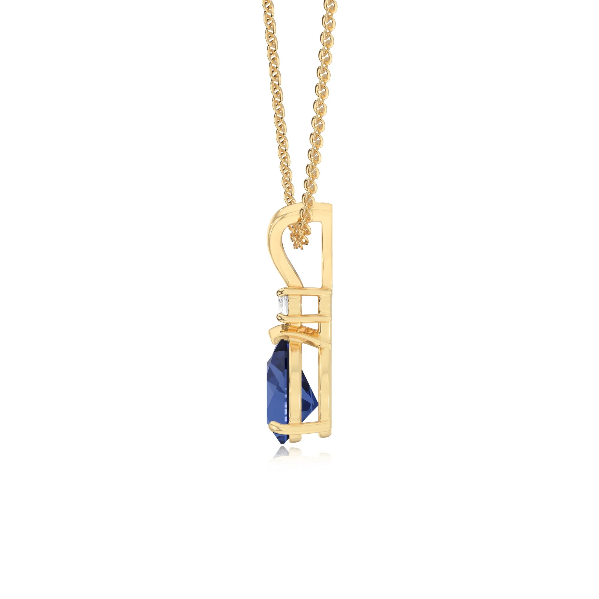 lab grown blue-sapphire pear solitaire v-bale necklaces in yellow gold