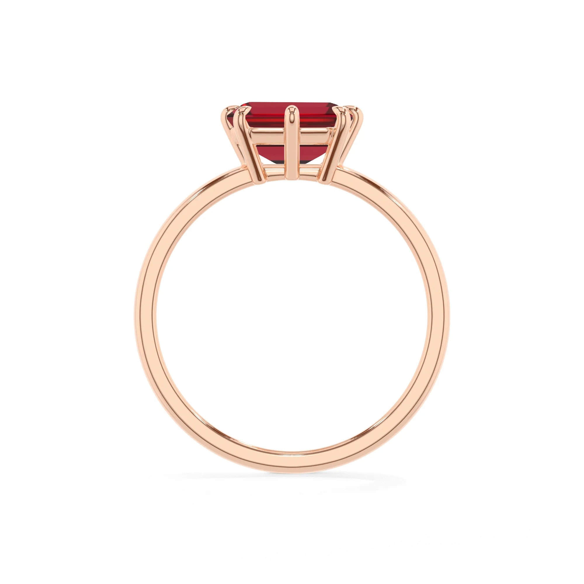 lab grown ruby emerald cut solitaire rings in rose gold