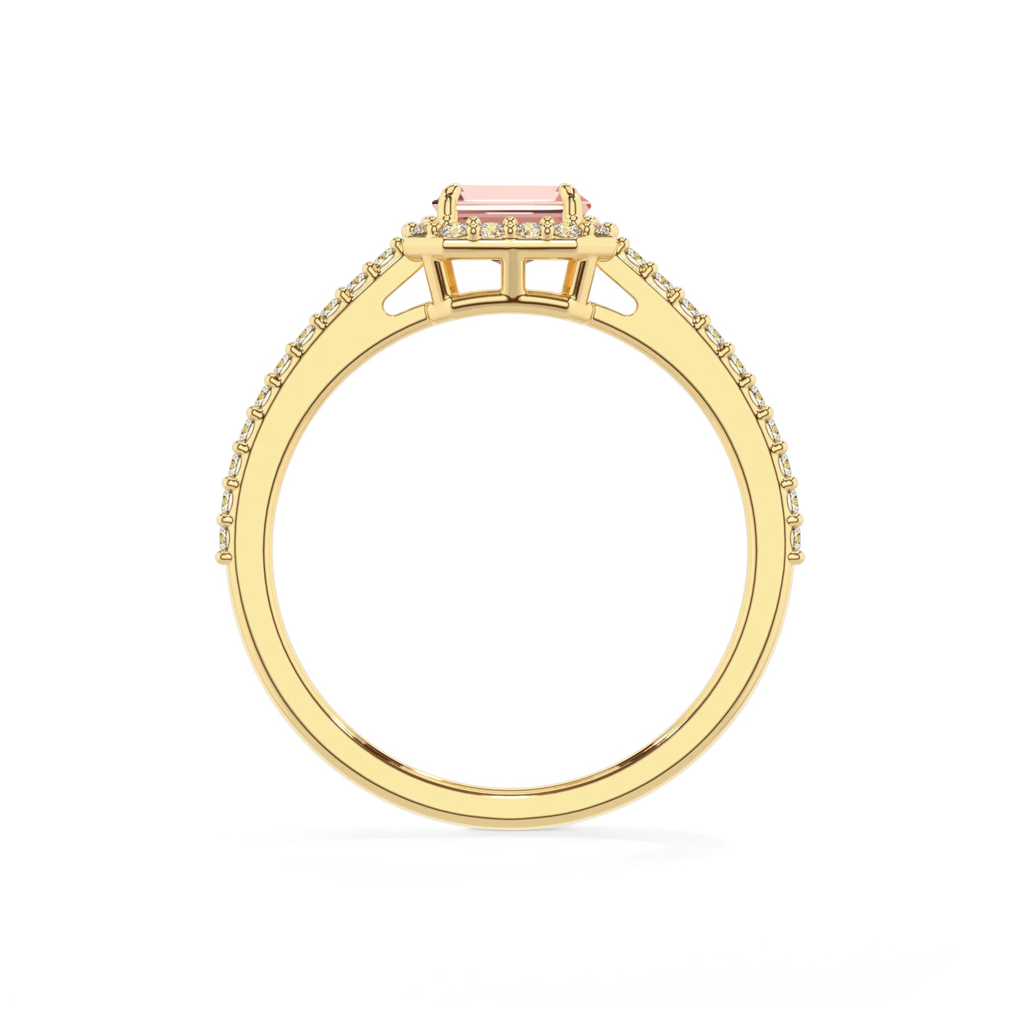 lab grown morganite emerald cut solitaire rings in yellow gold