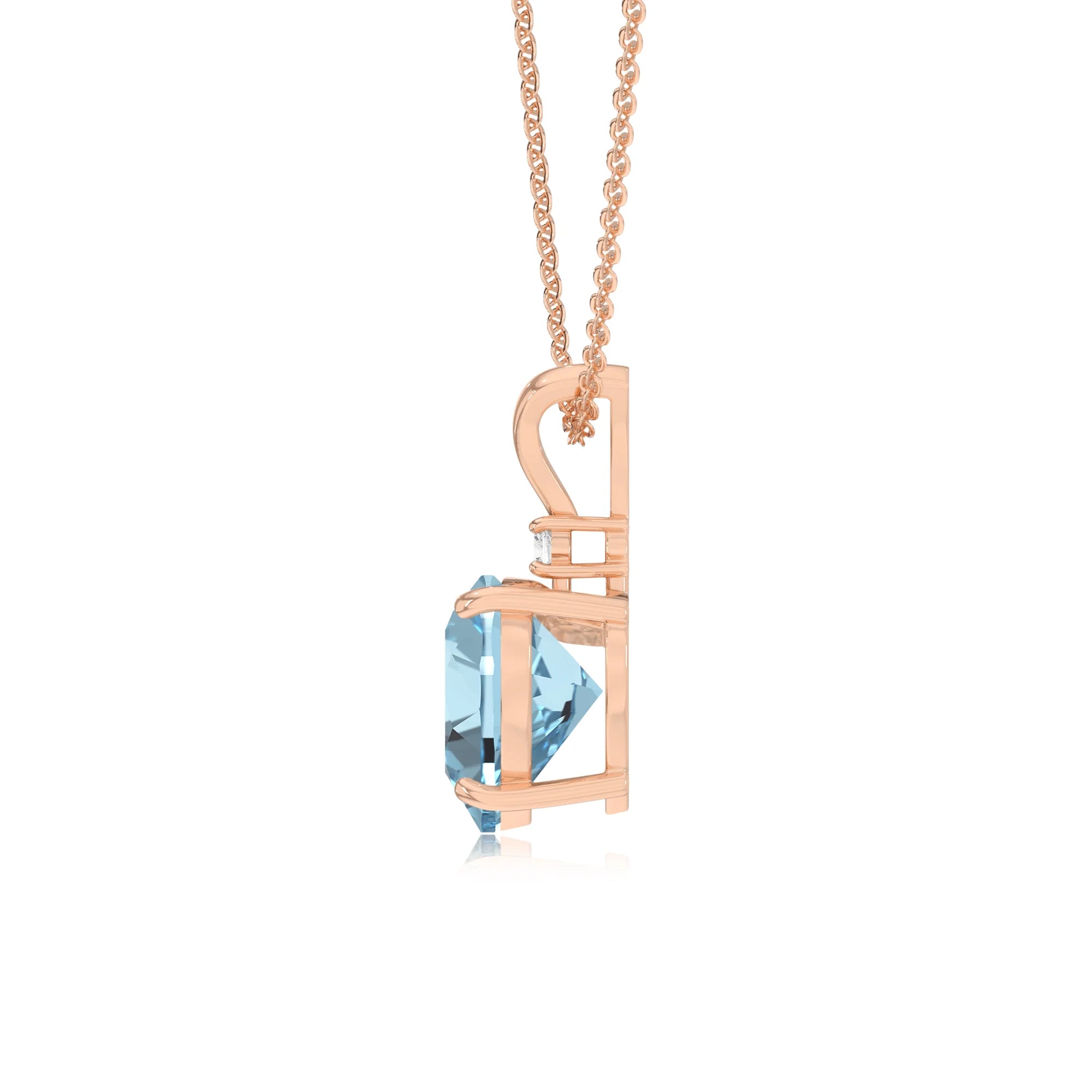 lab grown aquamarine heart solitaire v-bale necklaces in rose gold