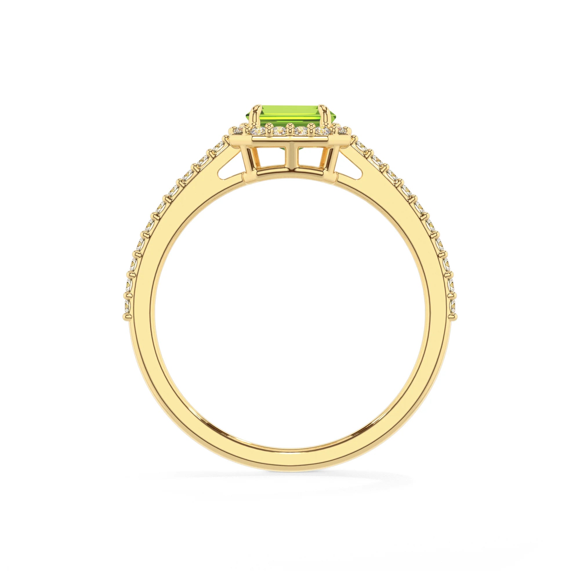 natural peridot emerald cut solitaire rings in yellow gold