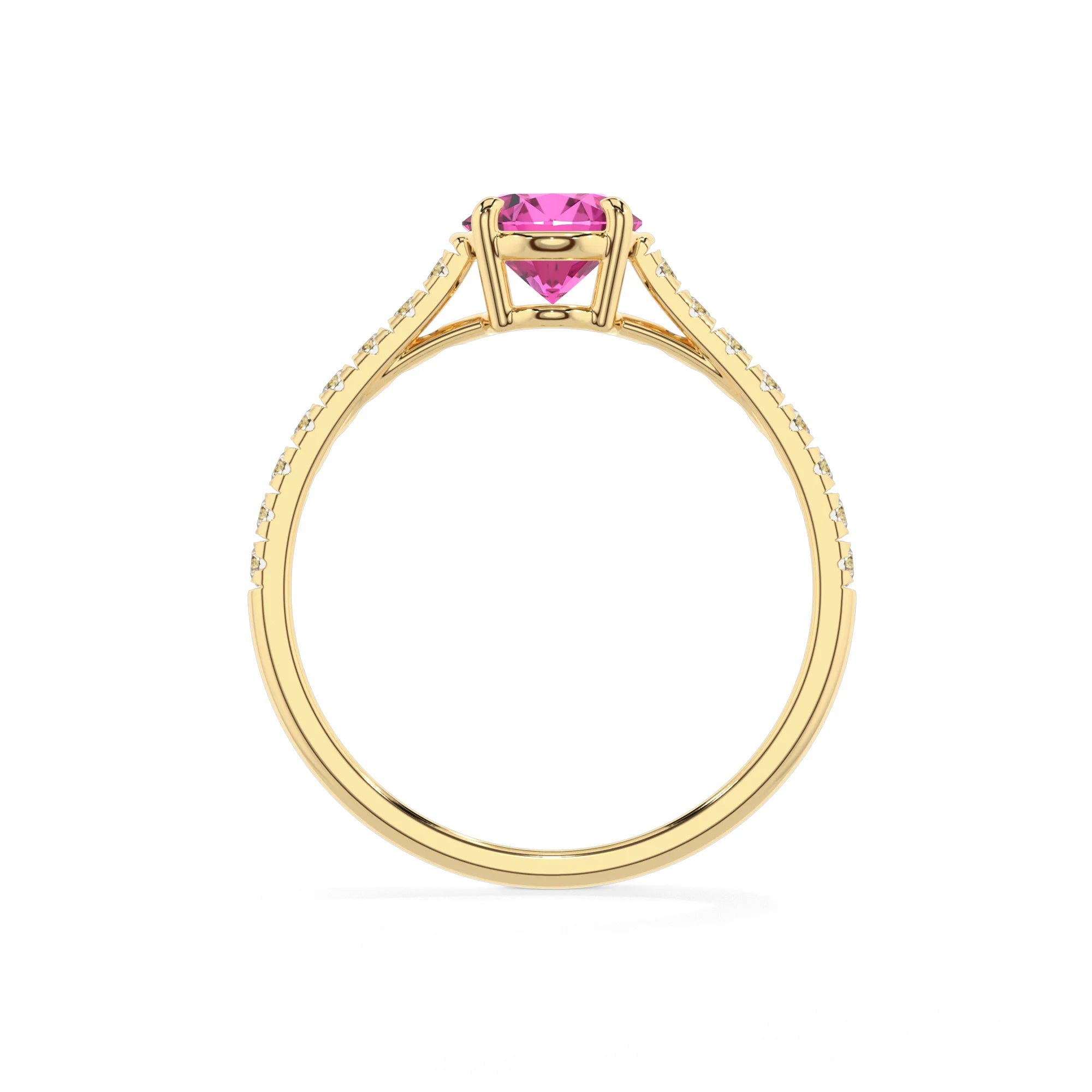 lab grown pink-sapphire oval half eternity solitaire engagement rings in yellow gold