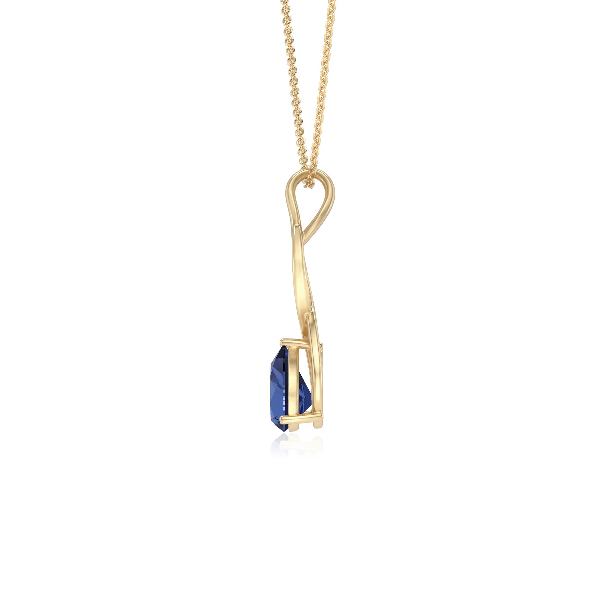 lab grown blue-sapphire pear solitaire necklaces in yellow gold