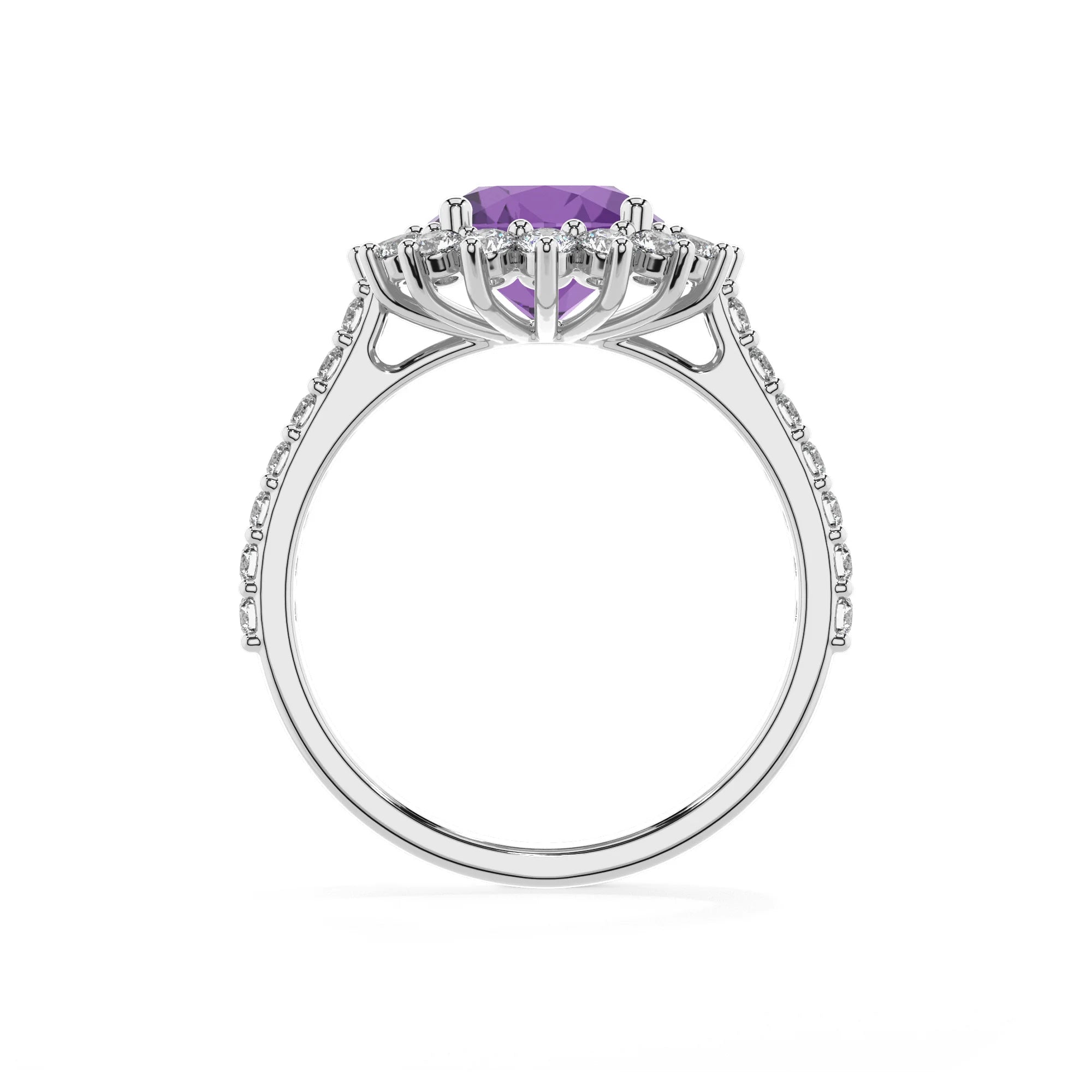 lab grown amethyst round solitaire rings in platinum