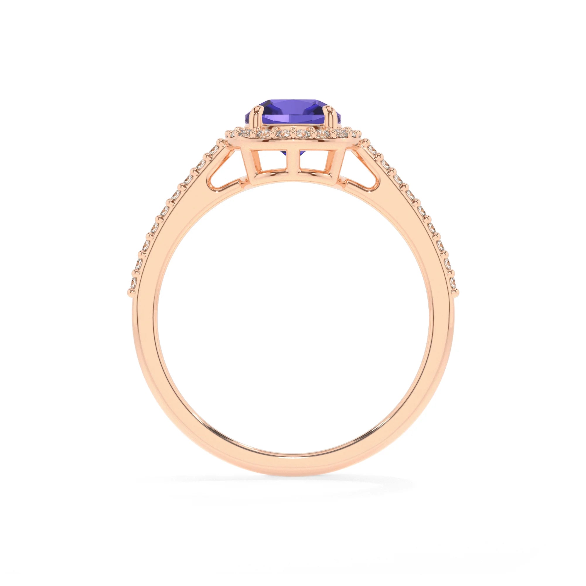 lab grown tanzanite cushion solitaire rings in rose gold