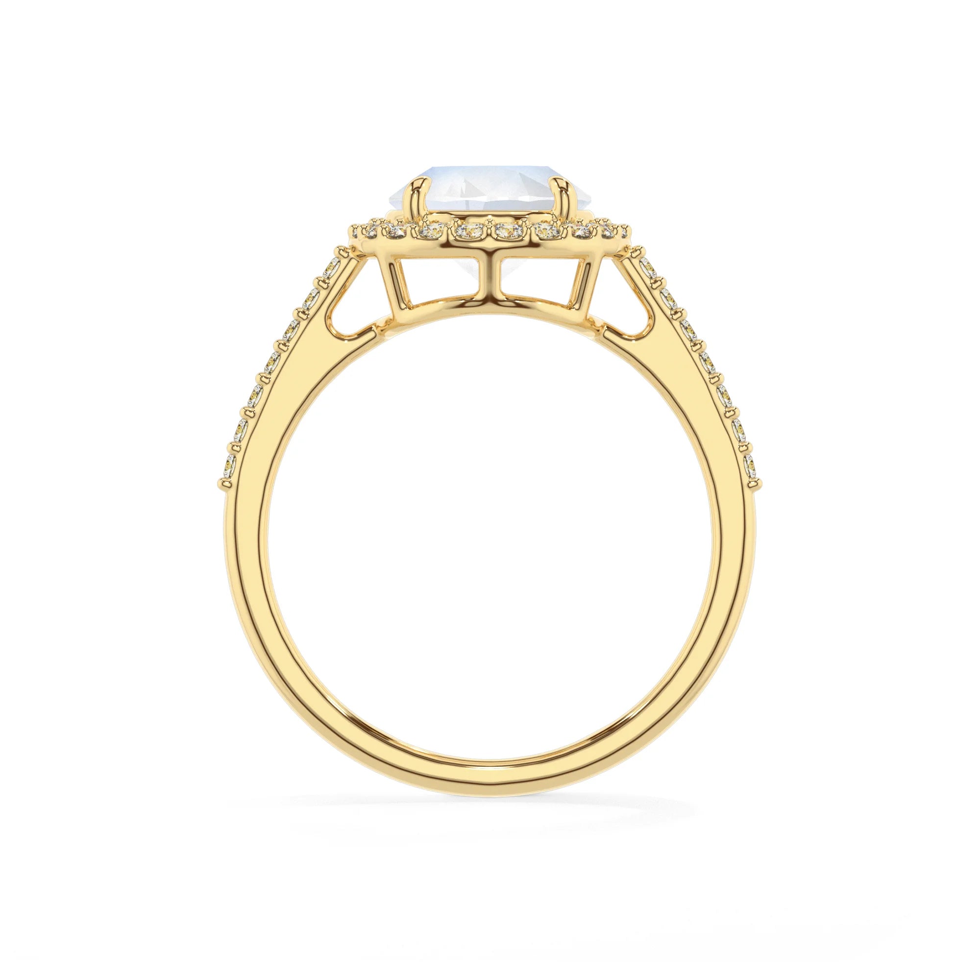 natural rainbow-moonstone round solitaire rings in yellow gold