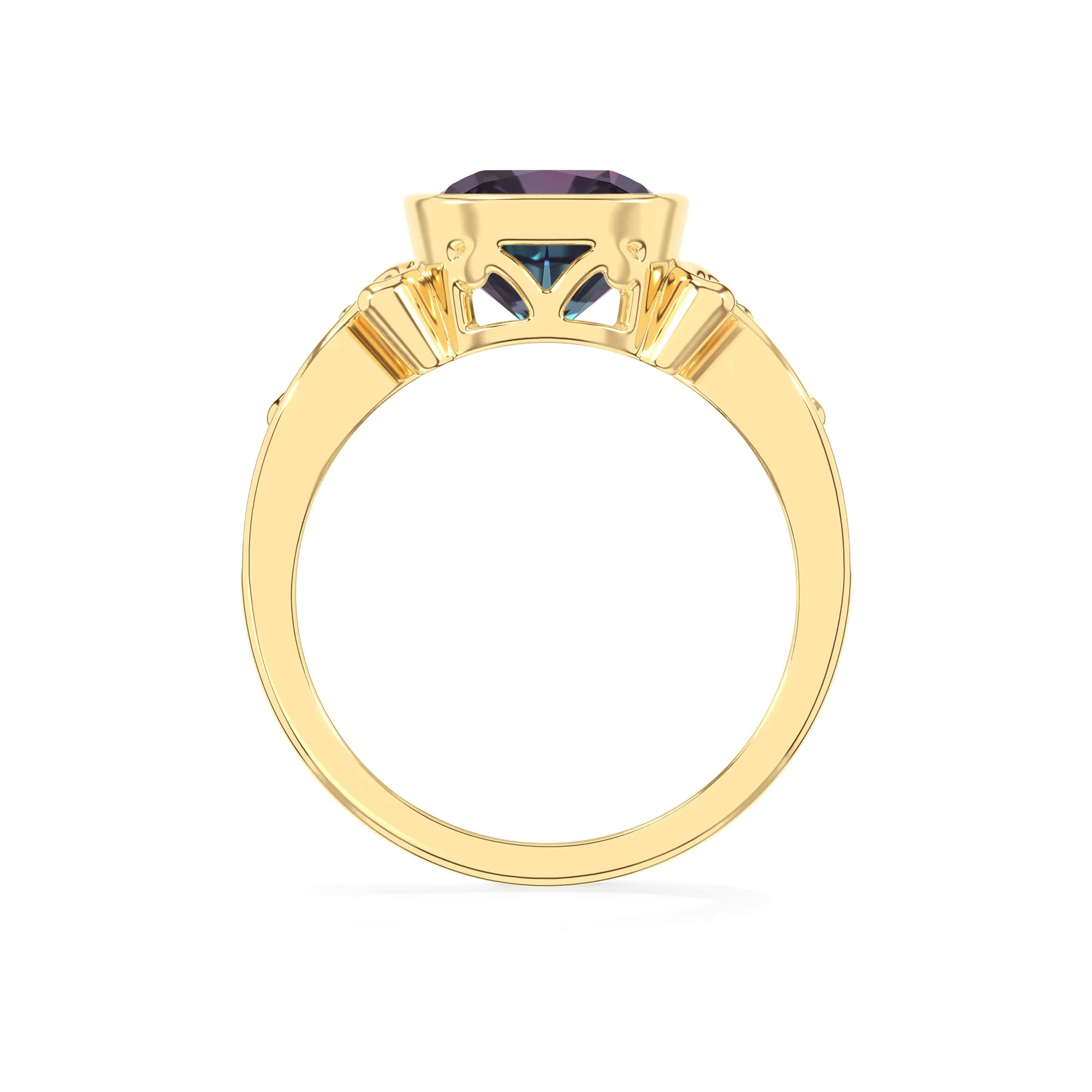 lab grown alexandrite cushion solitaire rings in yellow gold