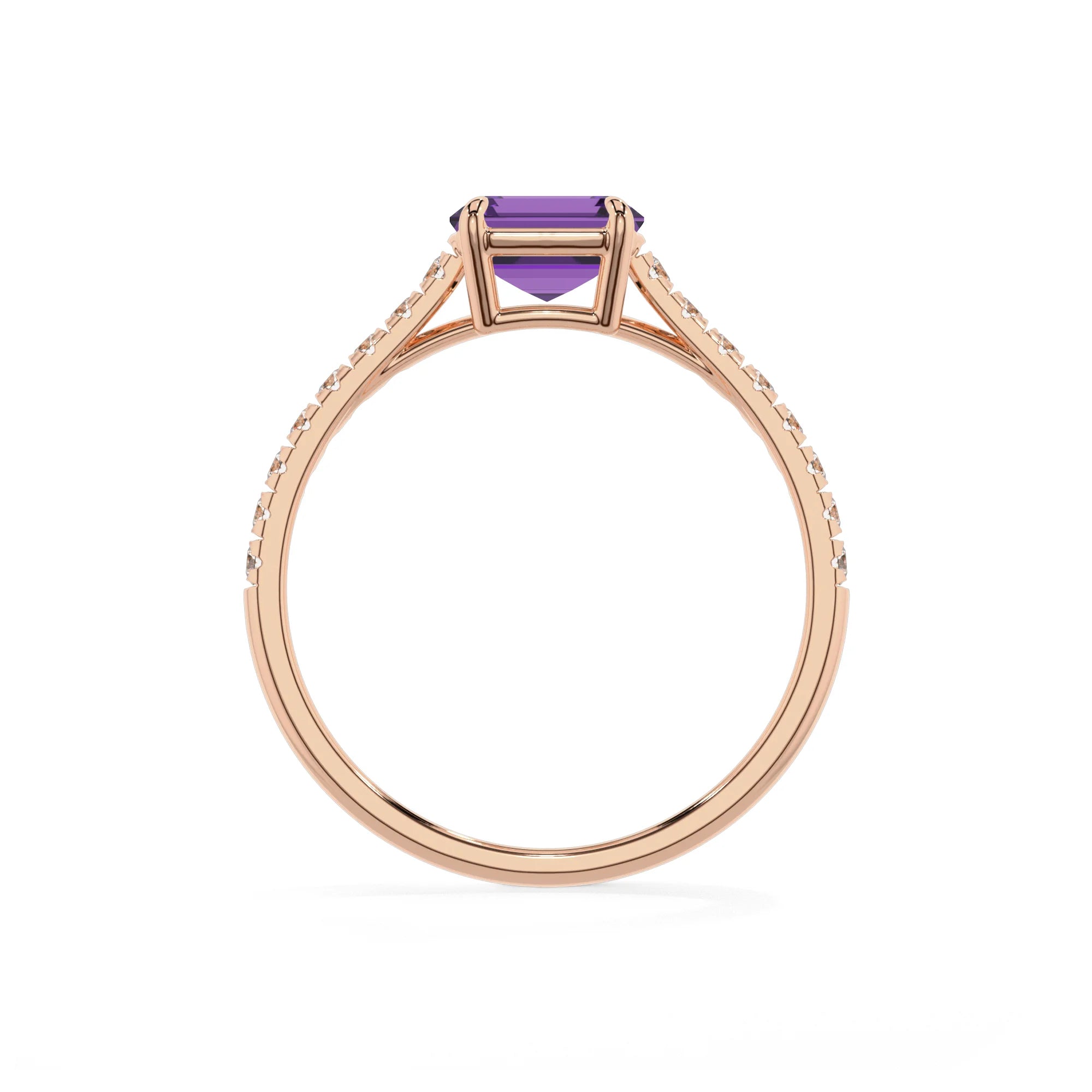 lab grown amethyst emerald cut half eternity solitaire engagement rings in rose gold