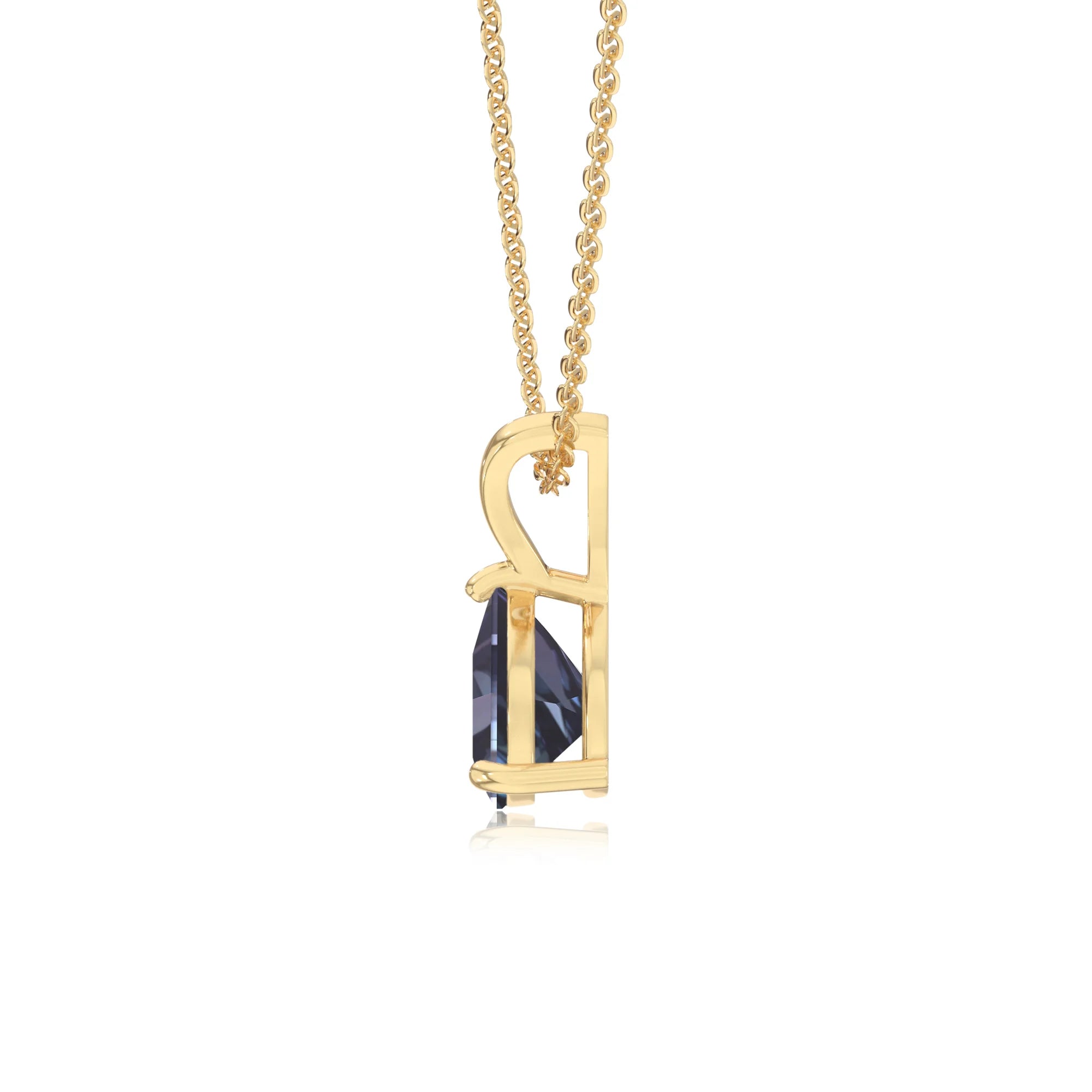 lab grown alexandrite trillion solitaire v-bale necklaces in yellow gold
