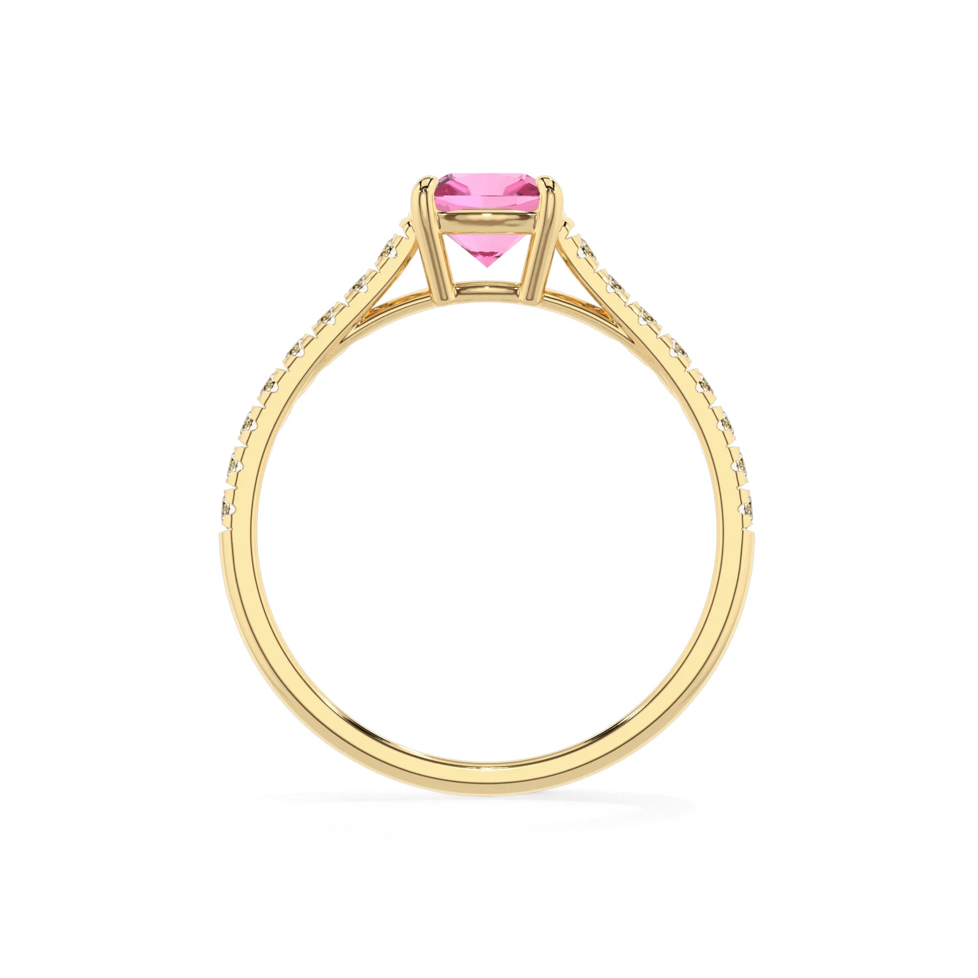 lab grown pink-sapphire cushion half eternity solitaire engagement rings in yellow gold