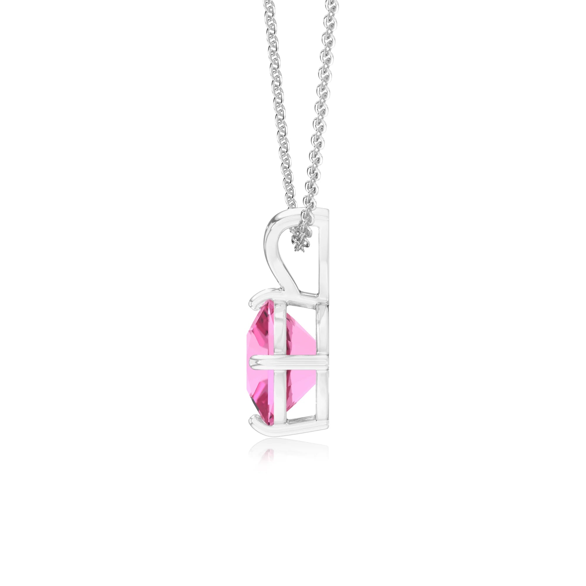 lab grown pink-sapphire cushion solitaire v-bale necklaces in white gold