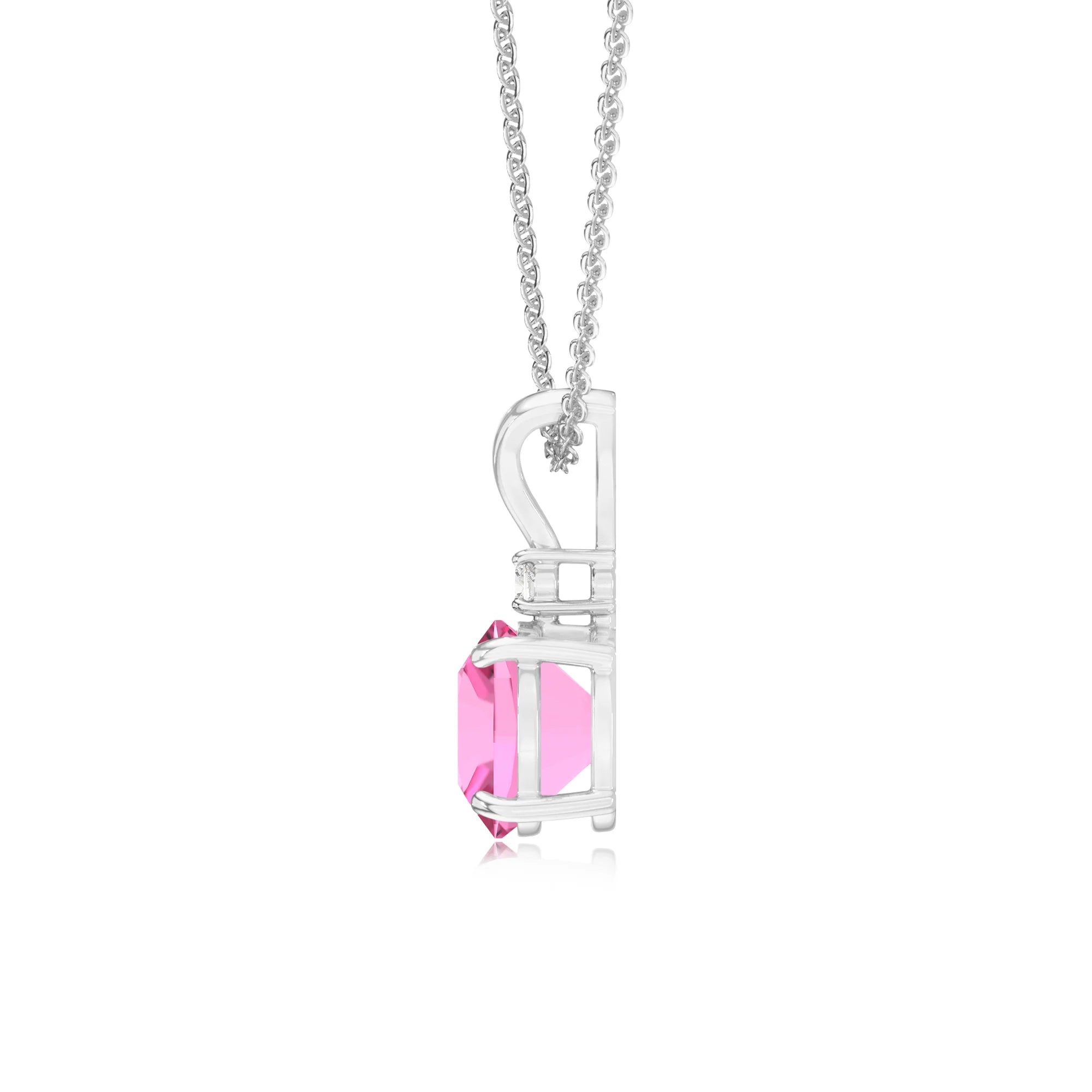 lab grown pink-sapphire cushion solitaire v-bale necklaces in sterling silver