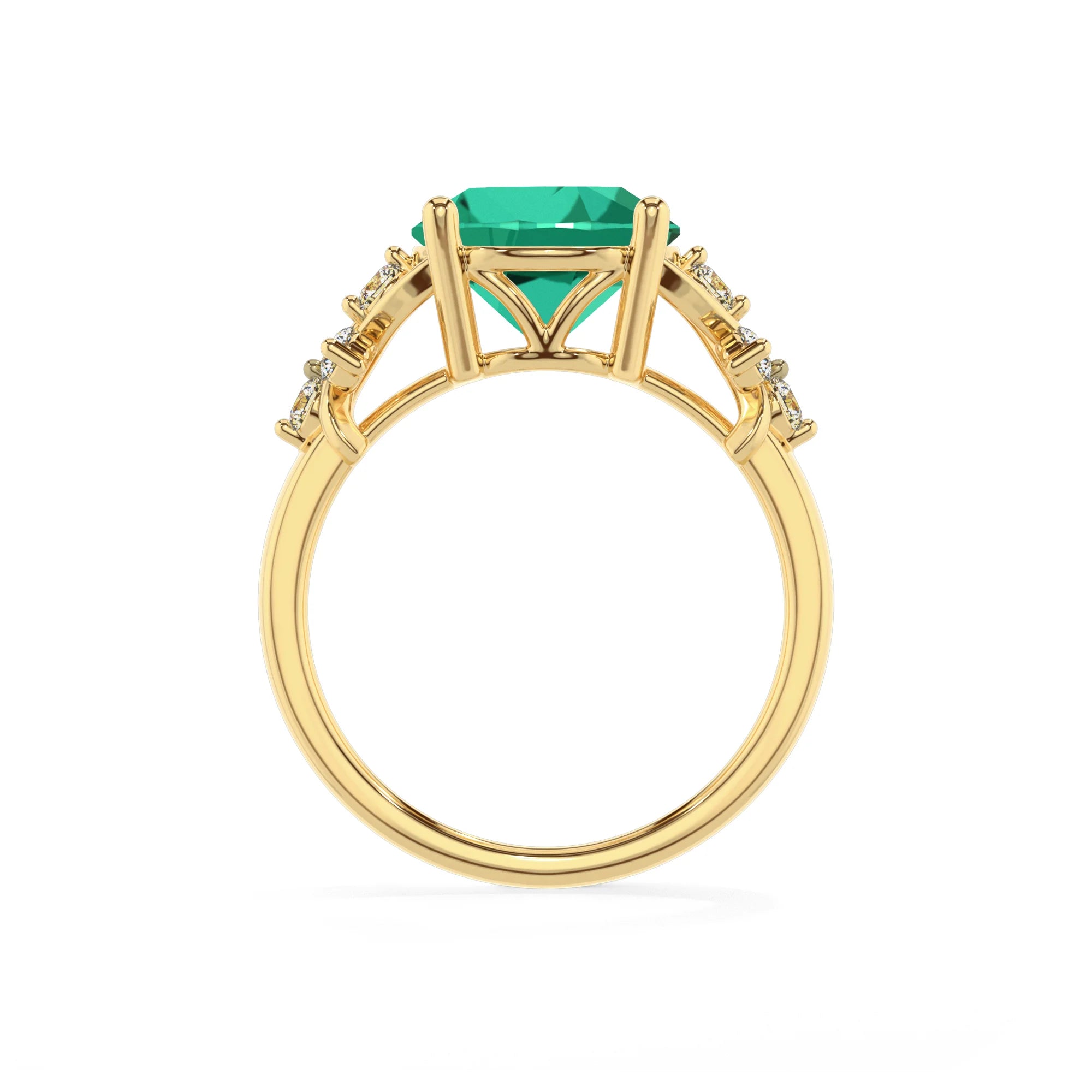 lab grown emerald round solitaire rings in yellow gold