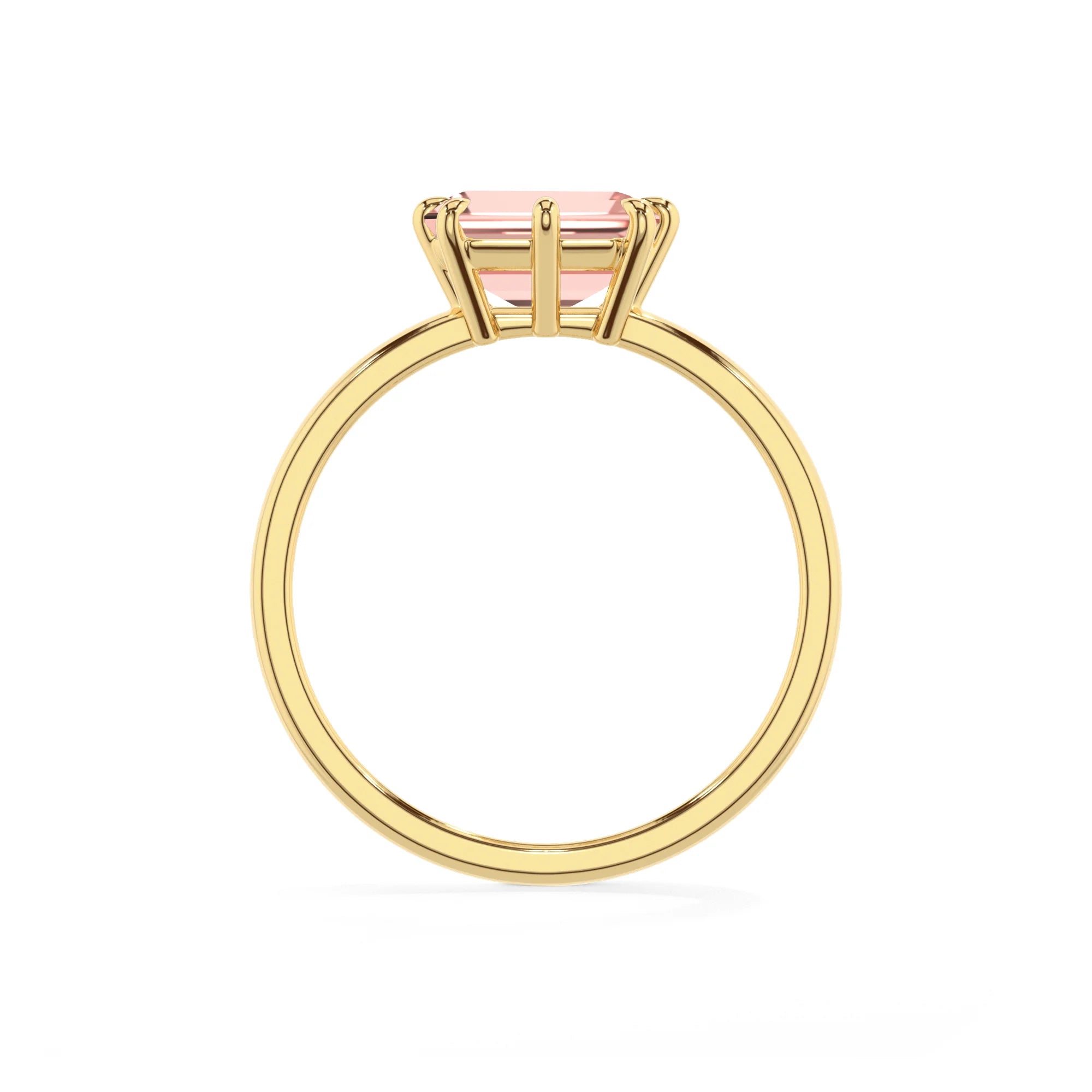 lab grown morganite emerald cut solitaire rings in yellow gold
