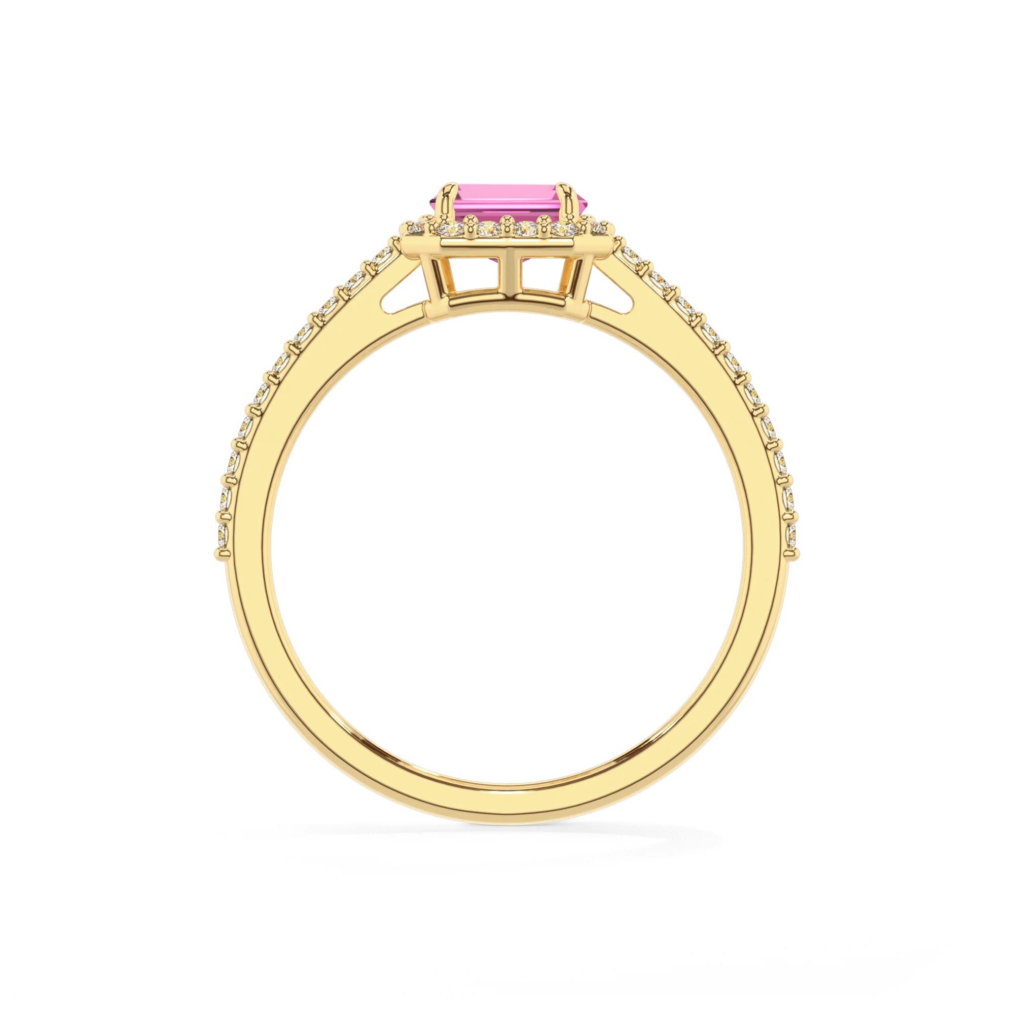 lab grown pink-sapphire emerald cut solitaire rings in yellow gold