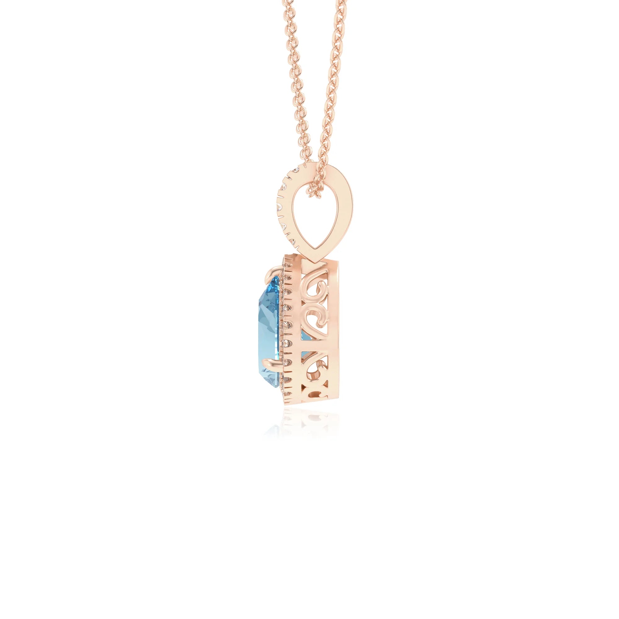 lab grown aquamarine pear solitaire necklaces in rose gold