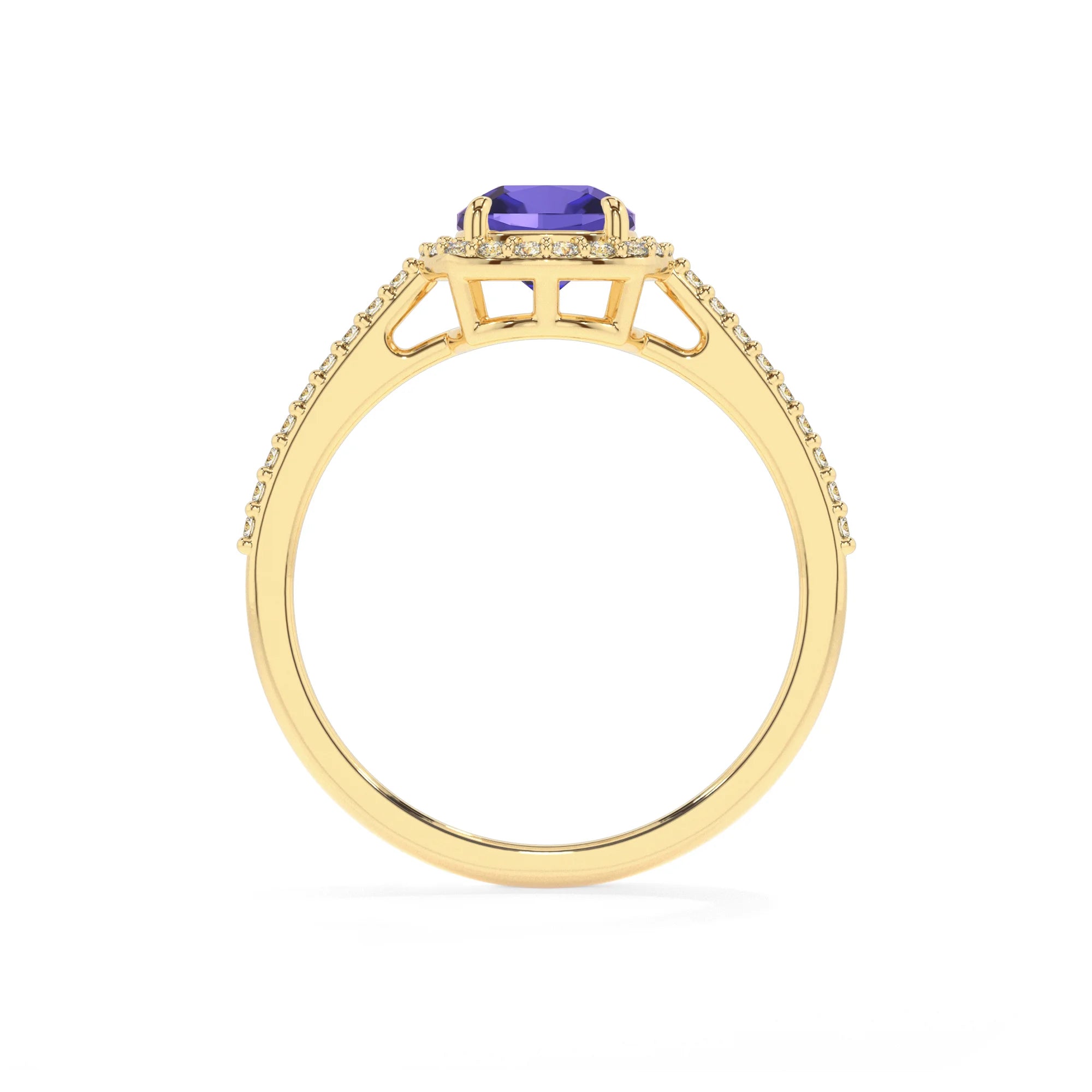 lab grown tanzanite cushion solitaire rings in yellow gold